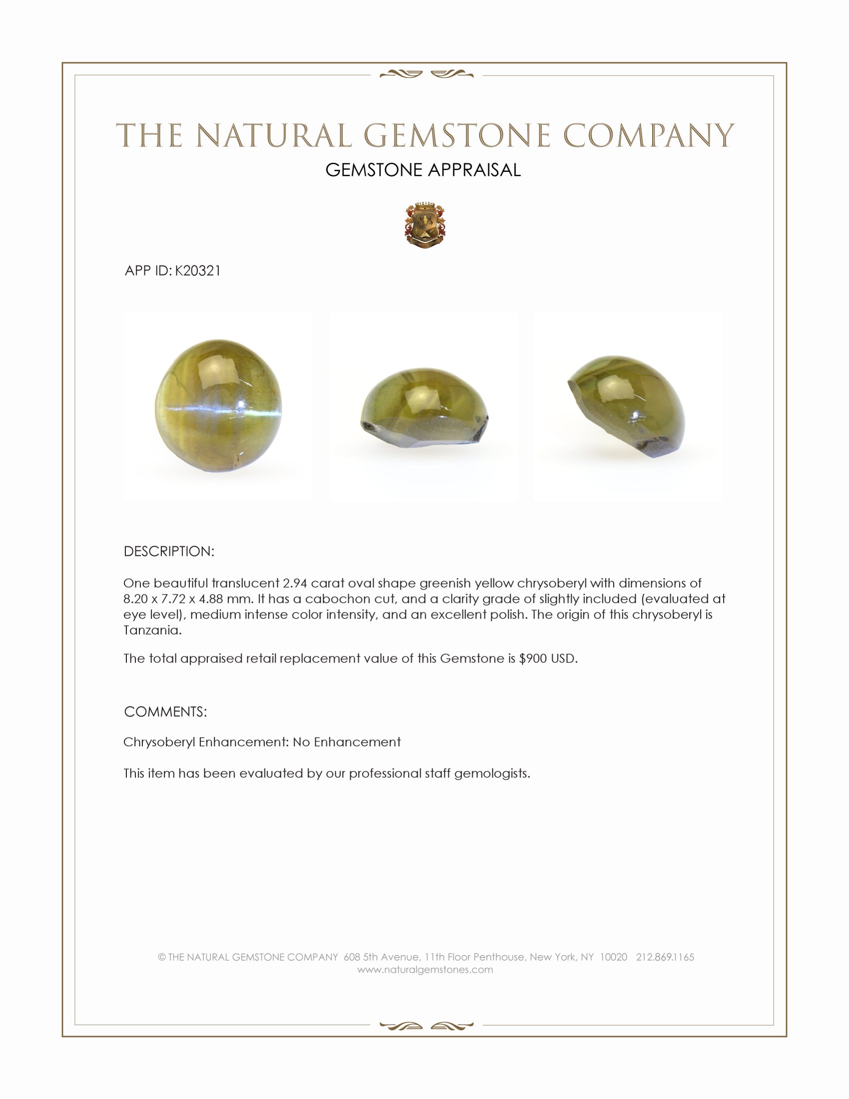 2.94 Ct. Cabochon Chrysoberyl from Tanzania