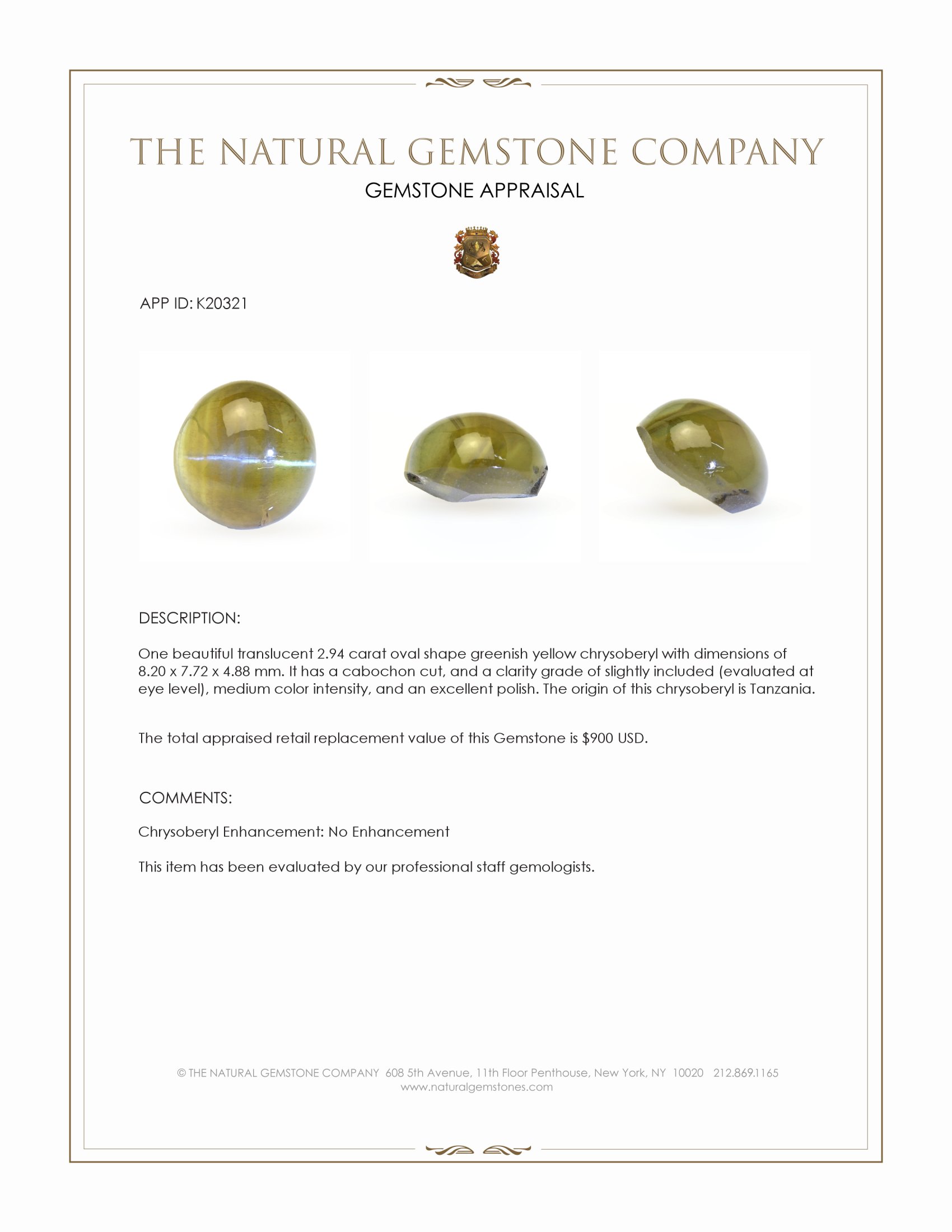 2.94 Ct. Greenish Yellow Cabochon Chrysoberyl from Tanzania