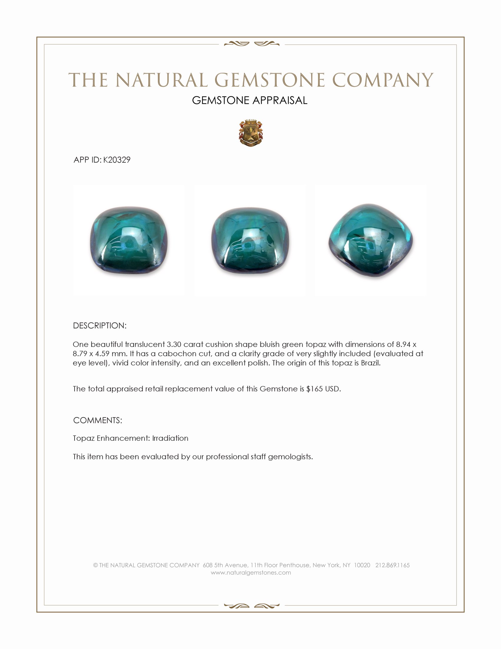 3.30 Ct. Bluish Green Cabochon Topaz from Brazil