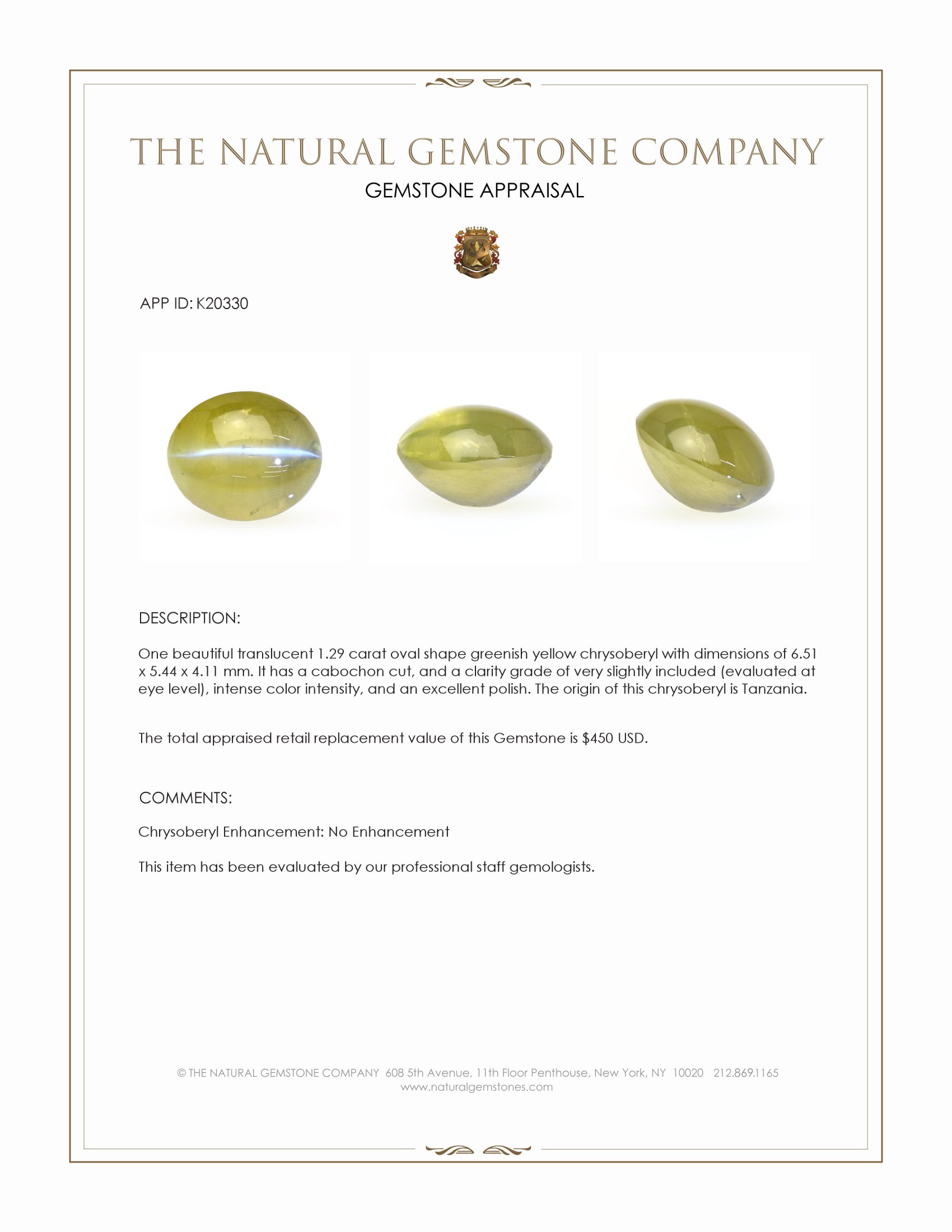 1.29 Ct. Cabochon Chrysoberyl from Tanzania