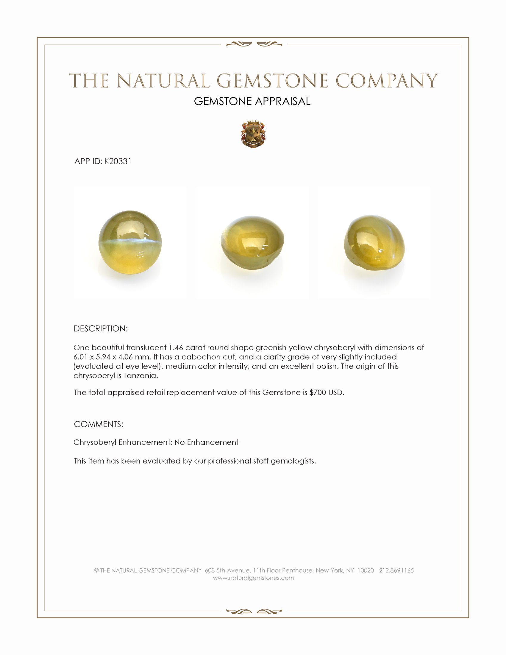 1.46 Ct. Greenish Yellow Cabochon Chrysoberyl from Tanzania