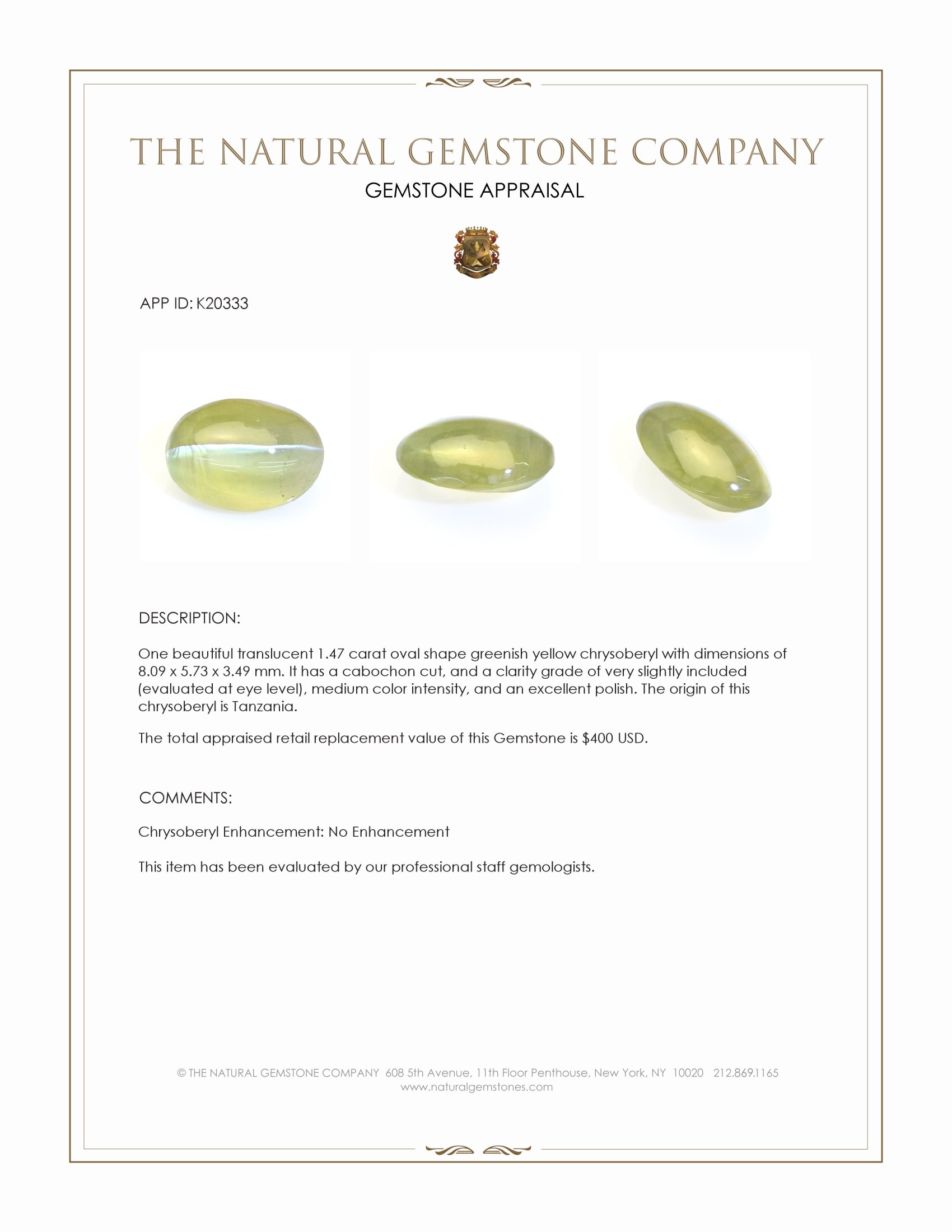 1.47 Ct. Cabochon Chrysoberyl from Tanzania