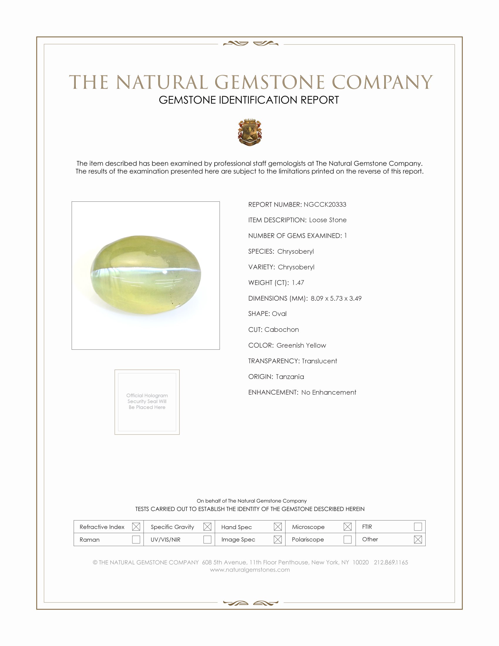 1.47 Ct. Greenish Yellow Cabochon Chrysoberyl from Tanzania