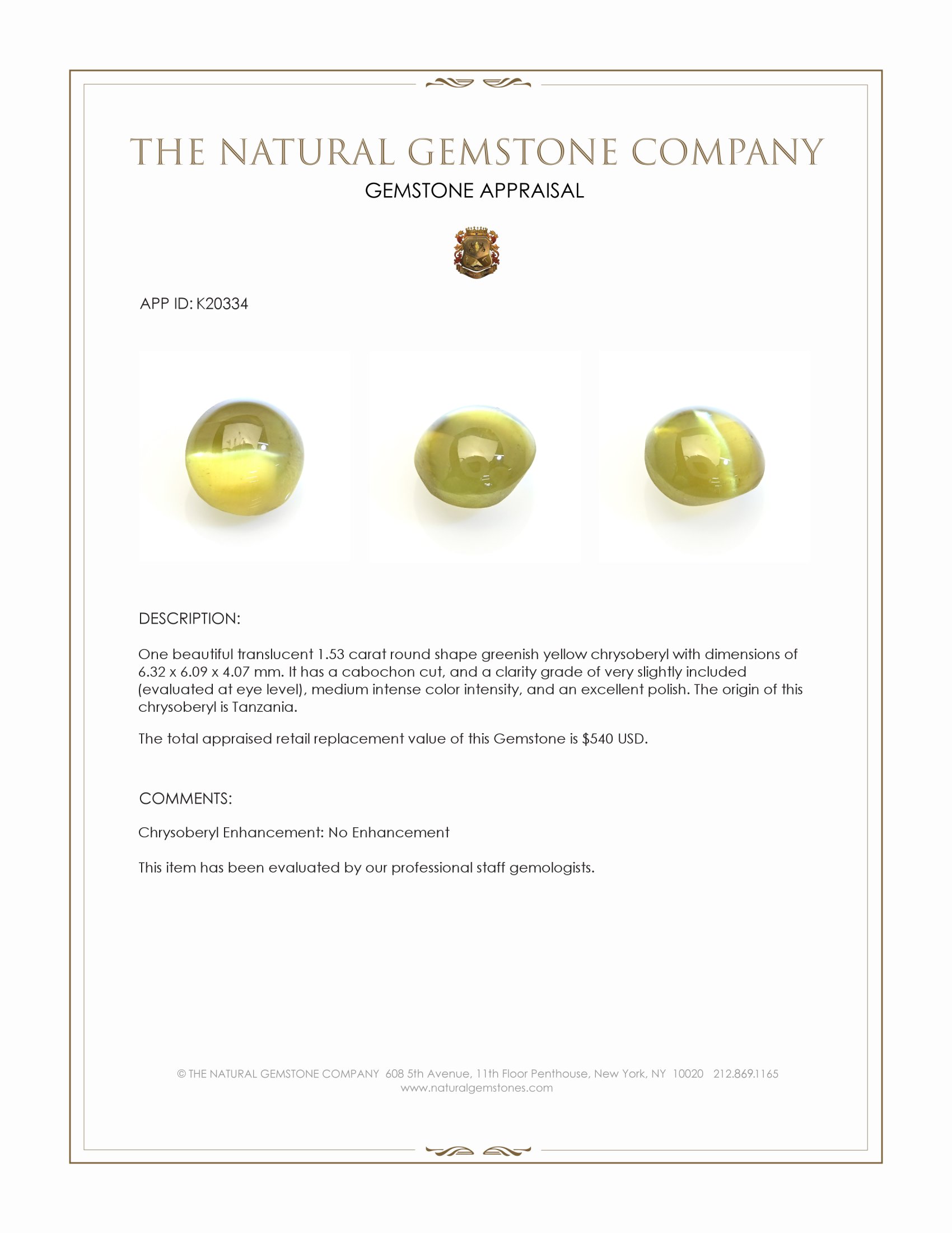 1.53 Ct. Cabochon Chrysoberyl from Tanzania