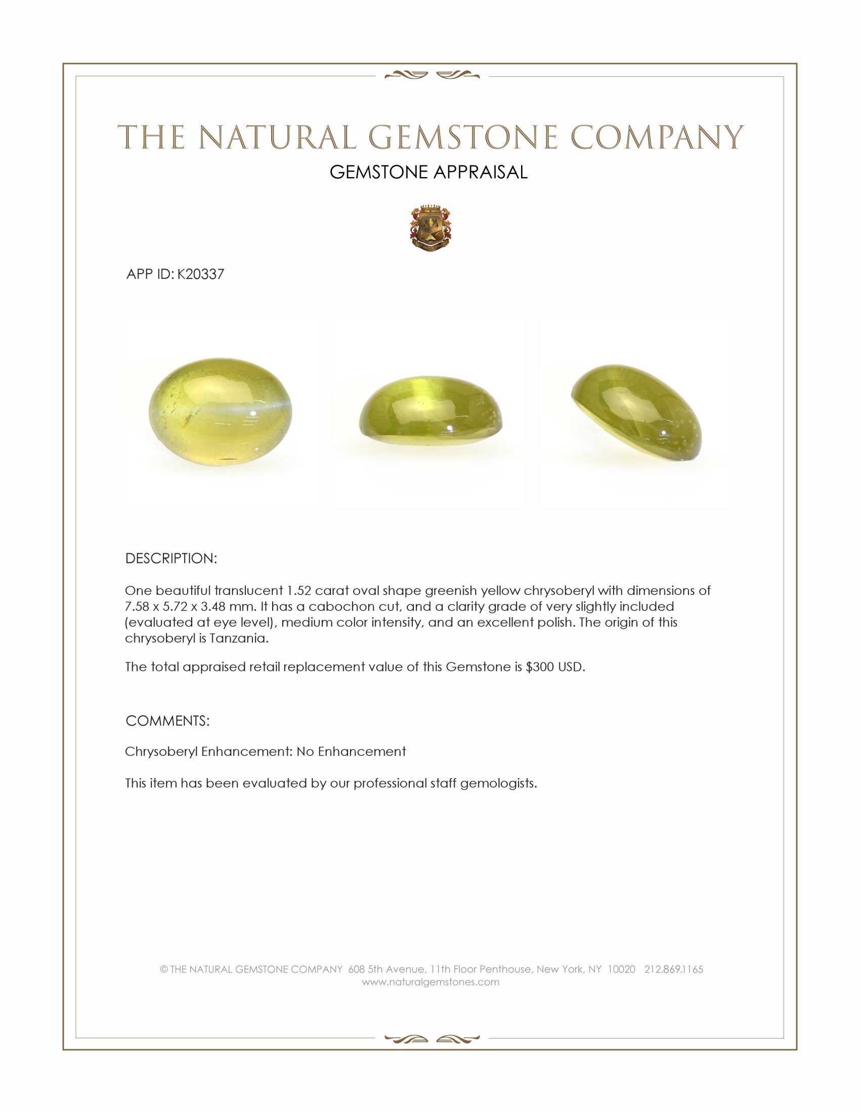 1.52 Ct. Cabochon Chrysoberyl from Tanzania