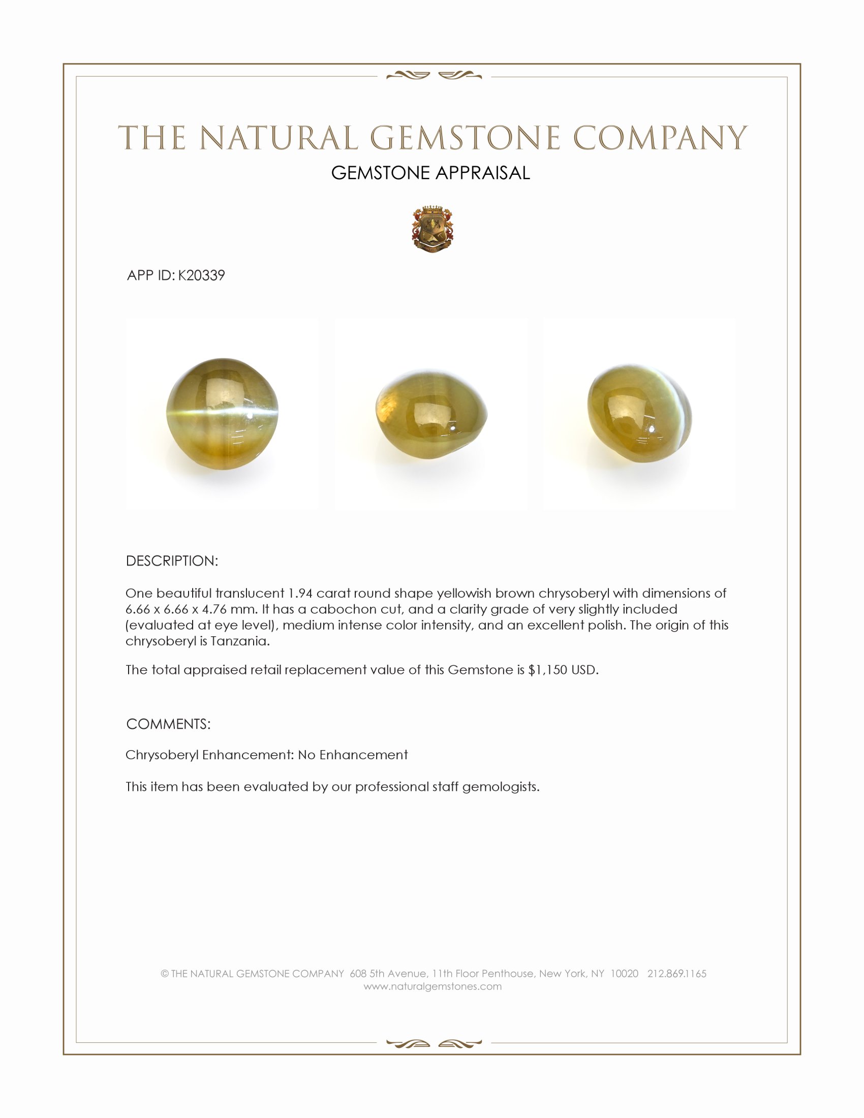 1.94 Ct. Cabochon Chrysoberyl from Tanzania