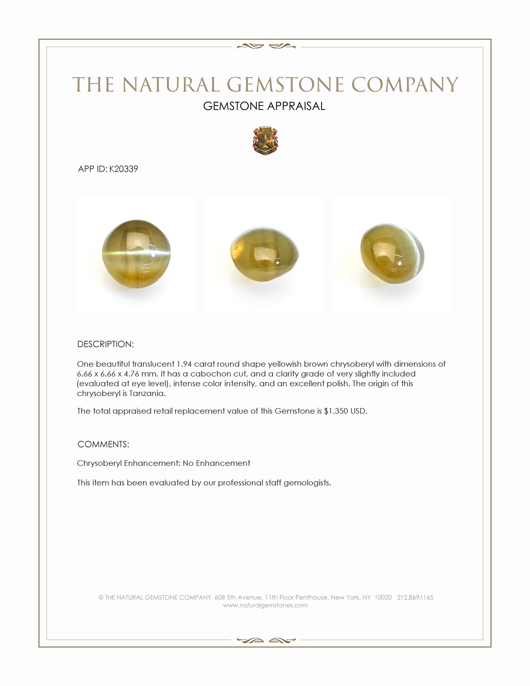 1.94 Ct. Cabochon Chrysoberyl from Tanzania