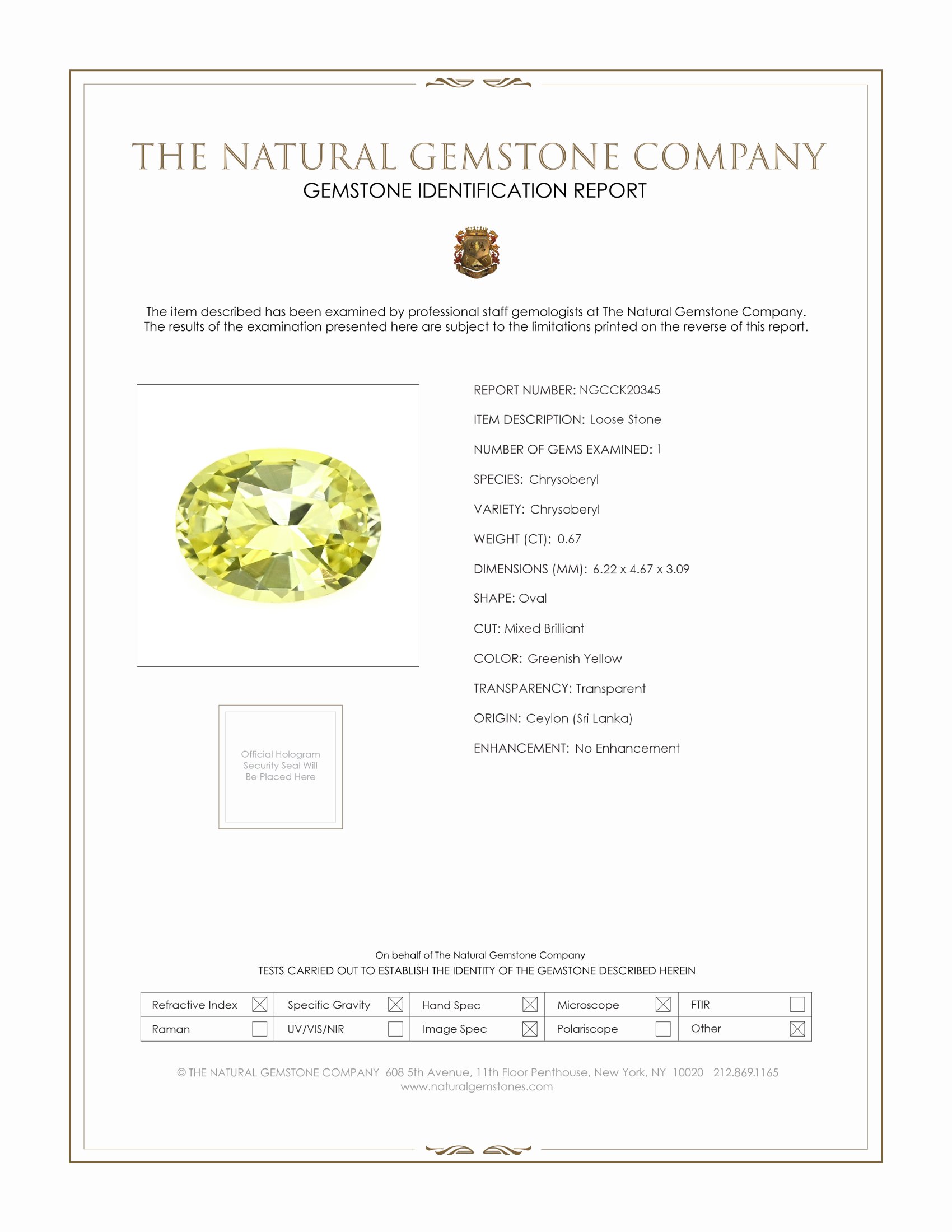 0.67 Ct. Greenish Yellow Chrysoberyl from Ceylon (Sri Lanka)