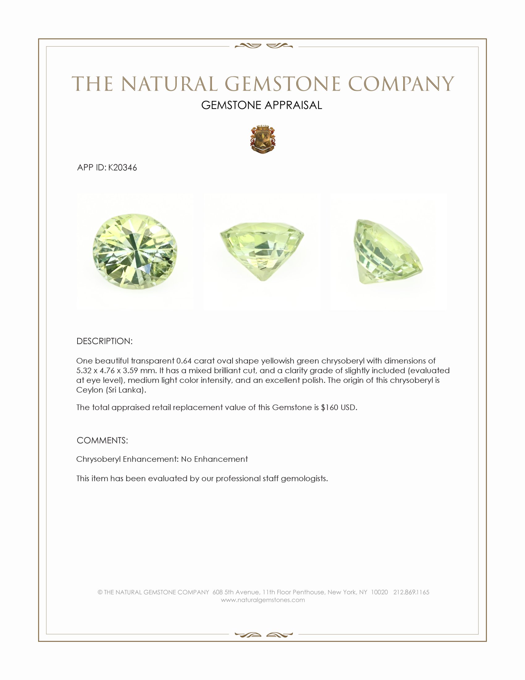 0.64 Ct. Chrysoberyl from Ceylon (Sri Lanka)