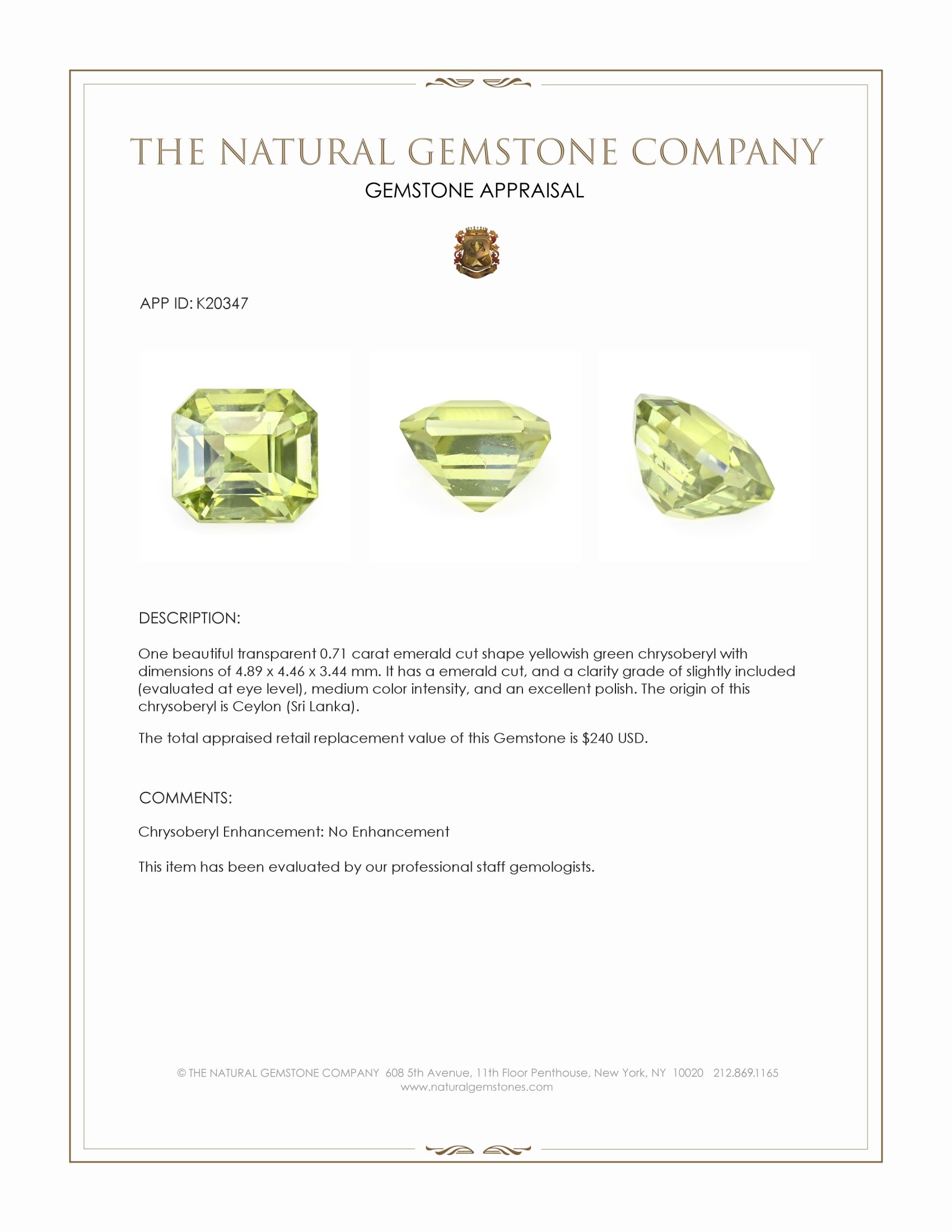 0.71 Ct. Yellowish Green Chrysoberyl from Ceylon (Sri Lanka)