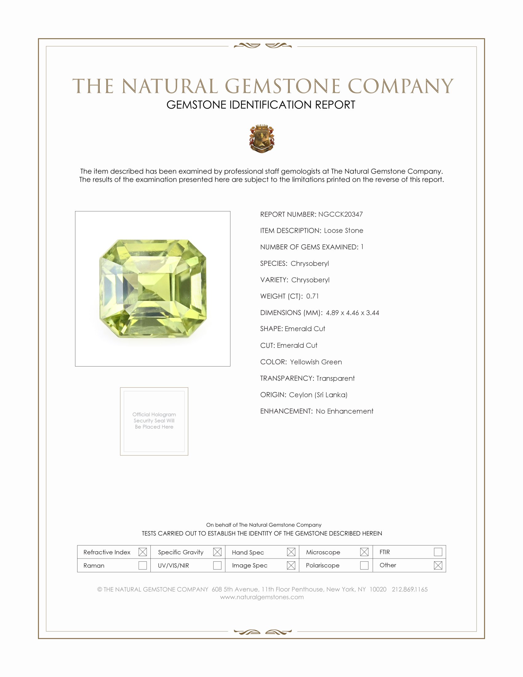 0.71 Ct. Chrysoberyl from Ceylon (Sri Lanka)