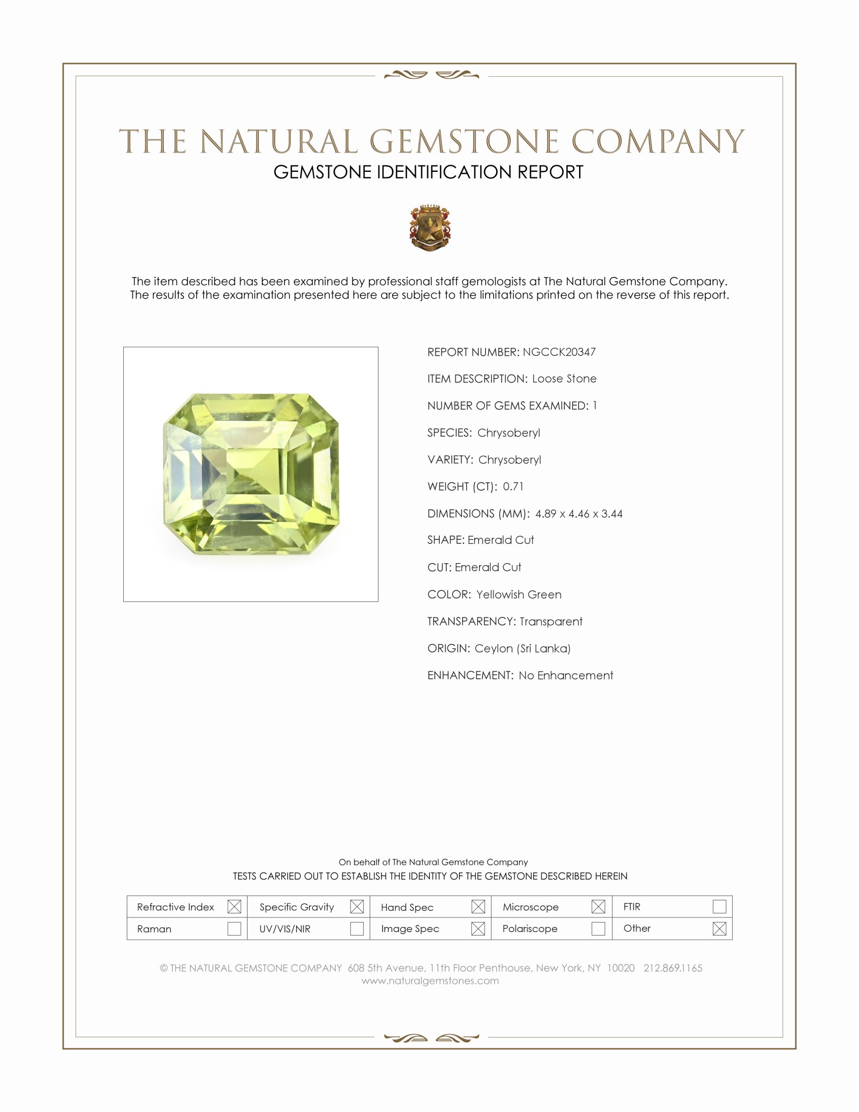 0.71 Ct. Yellowish Green Chrysoberyl from Ceylon (Sri Lanka)
