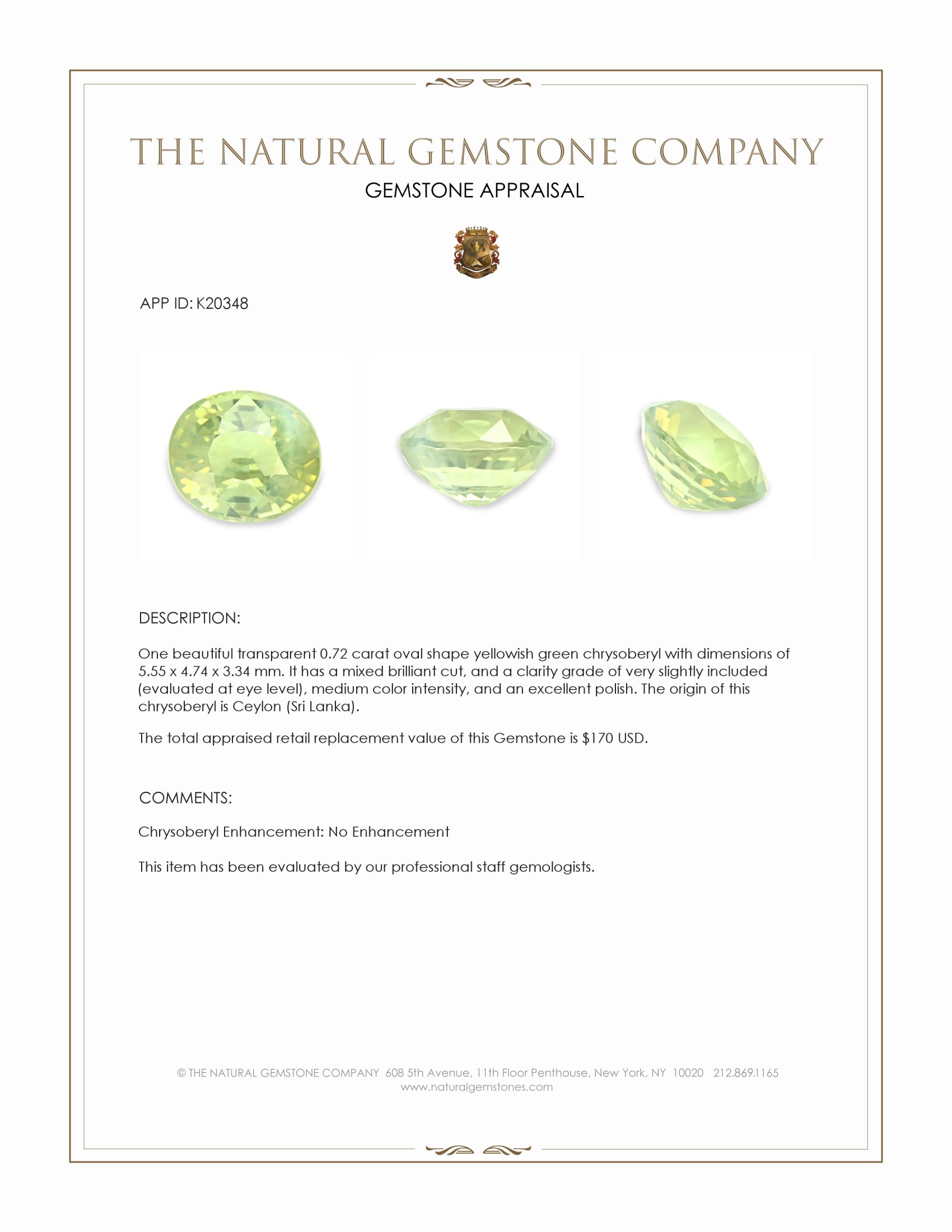 0.72 Ct. Chrysoberyl from Ceylon (Sri Lanka)