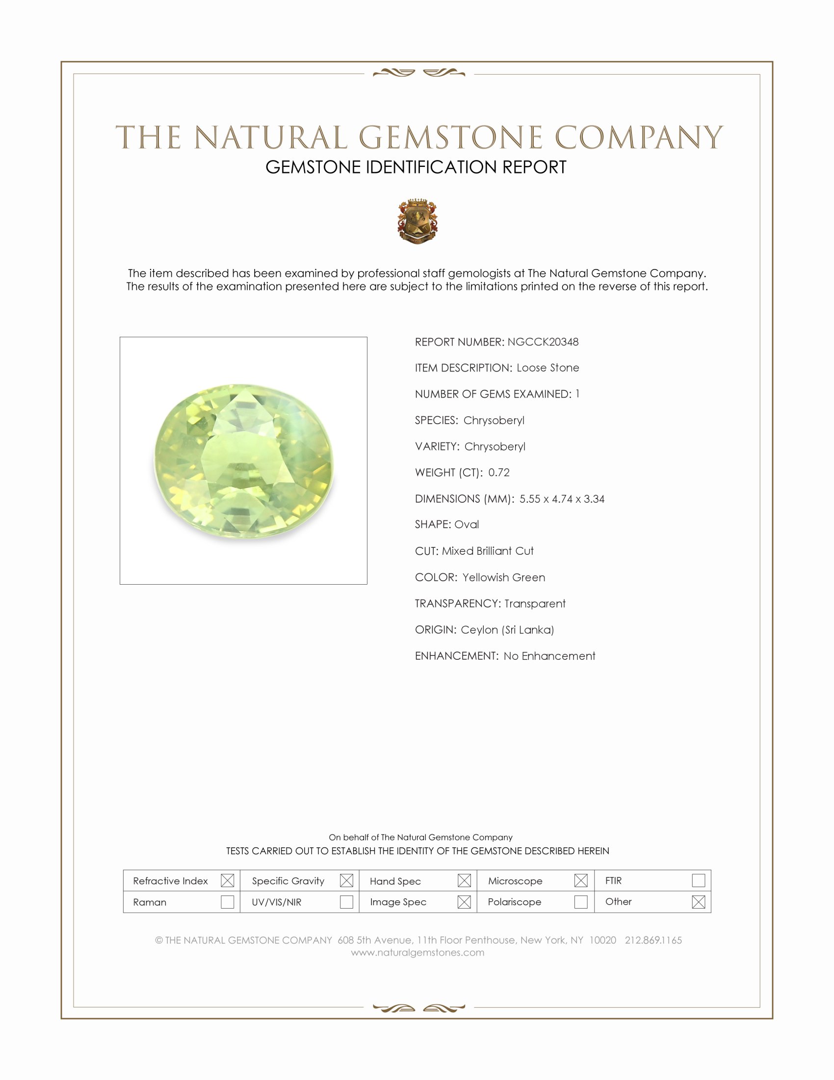 0.72 Ct. Yellowish Green Chrysoberyl from Ceylon (Sri Lanka)