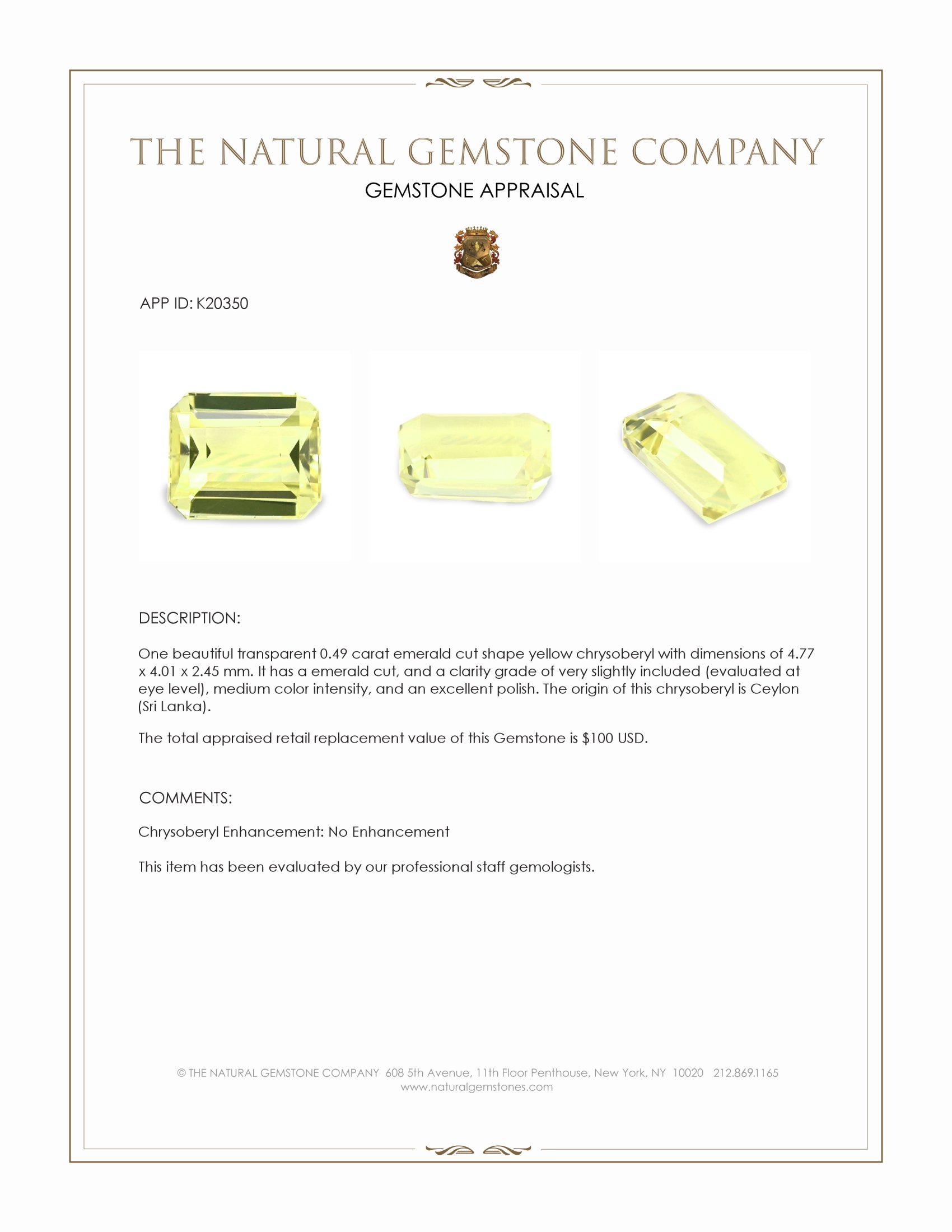 0.49 Ct. Chrysoberyl from Ceylon (Sri Lanka)