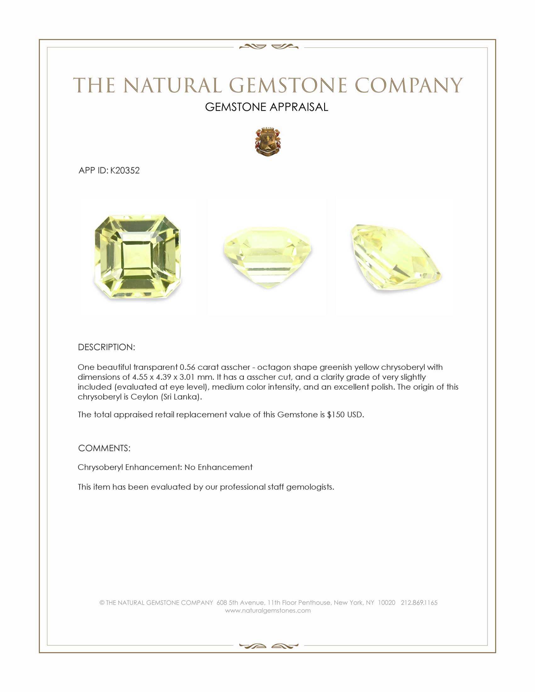 0.56 Ct. Chrysoberyl from Ceylon (Sri Lanka)