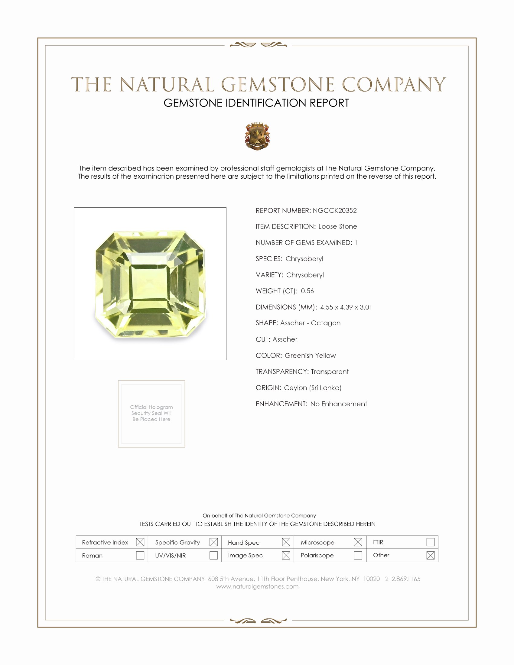 0.56 Ct. Greenish Yellow Chrysoberyl from Ceylon (Sri Lanka)