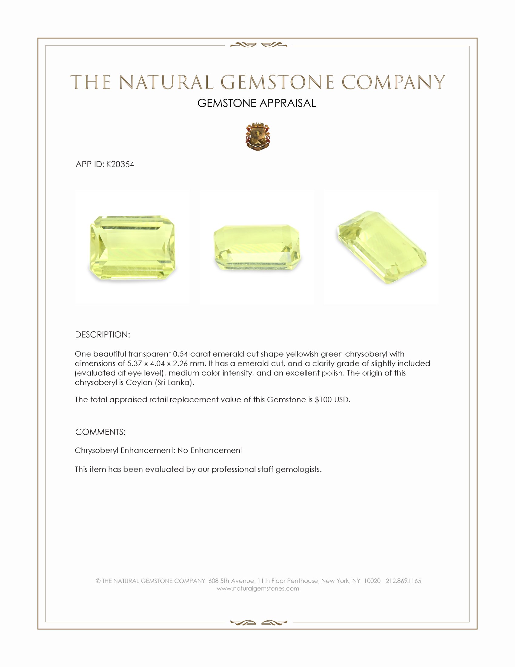 0.54 Ct. Yellowish Green Chrysoberyl from Ceylon (Sri Lanka)