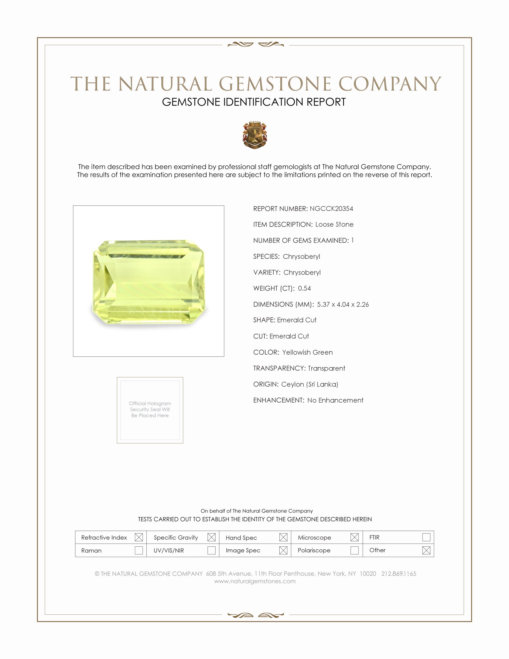 0.54 Ct. Yellowish Green Chrysoberyl from Ceylon (Sri Lanka)