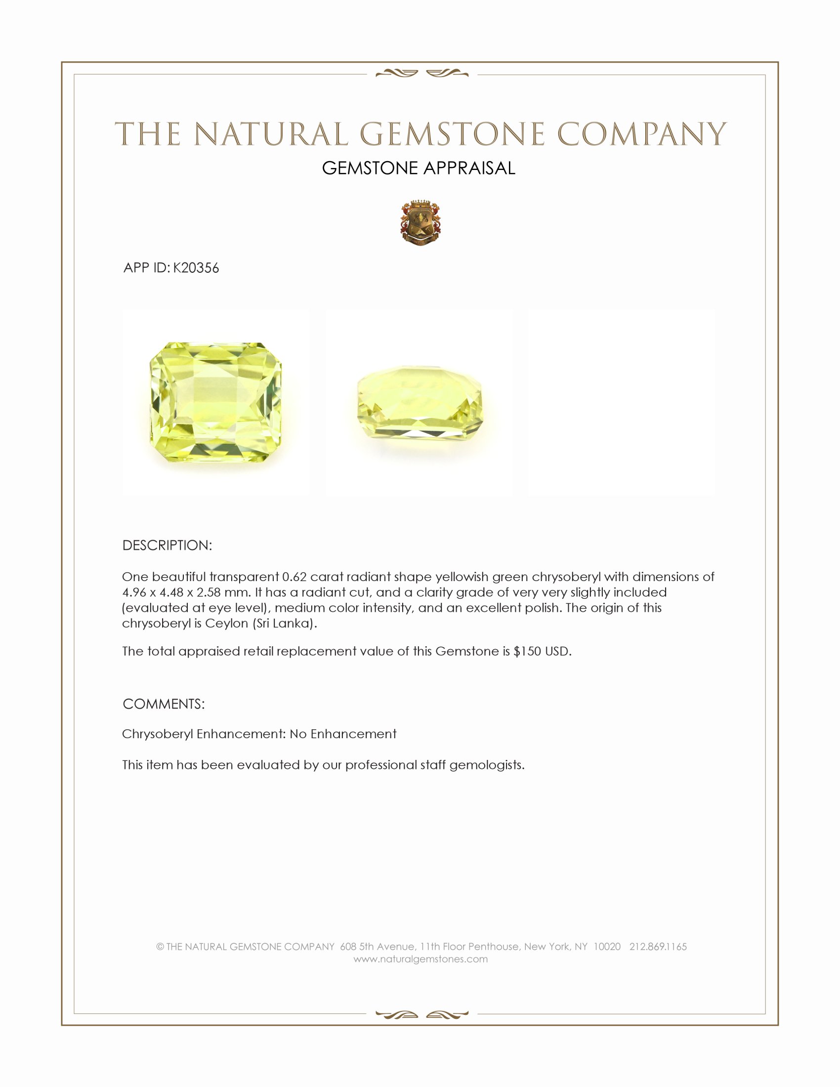 0.62 Ct. Chrysoberyl from Ceylon (Sri Lanka)