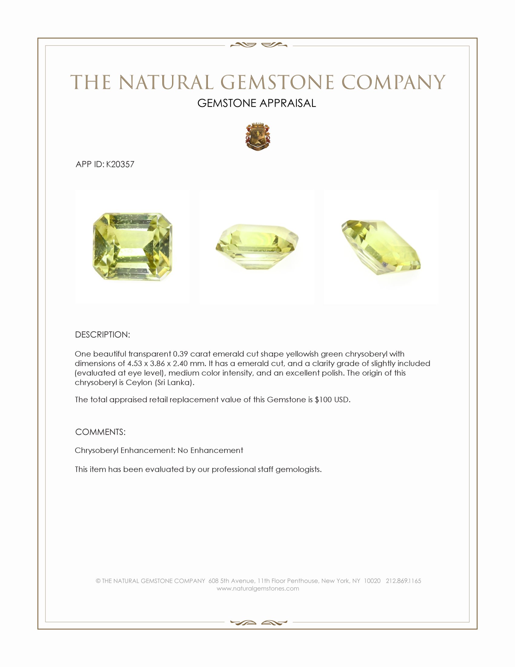 0.39 Ct. Yellowish Green Chrysoberyl from Ceylon (Sri Lanka)