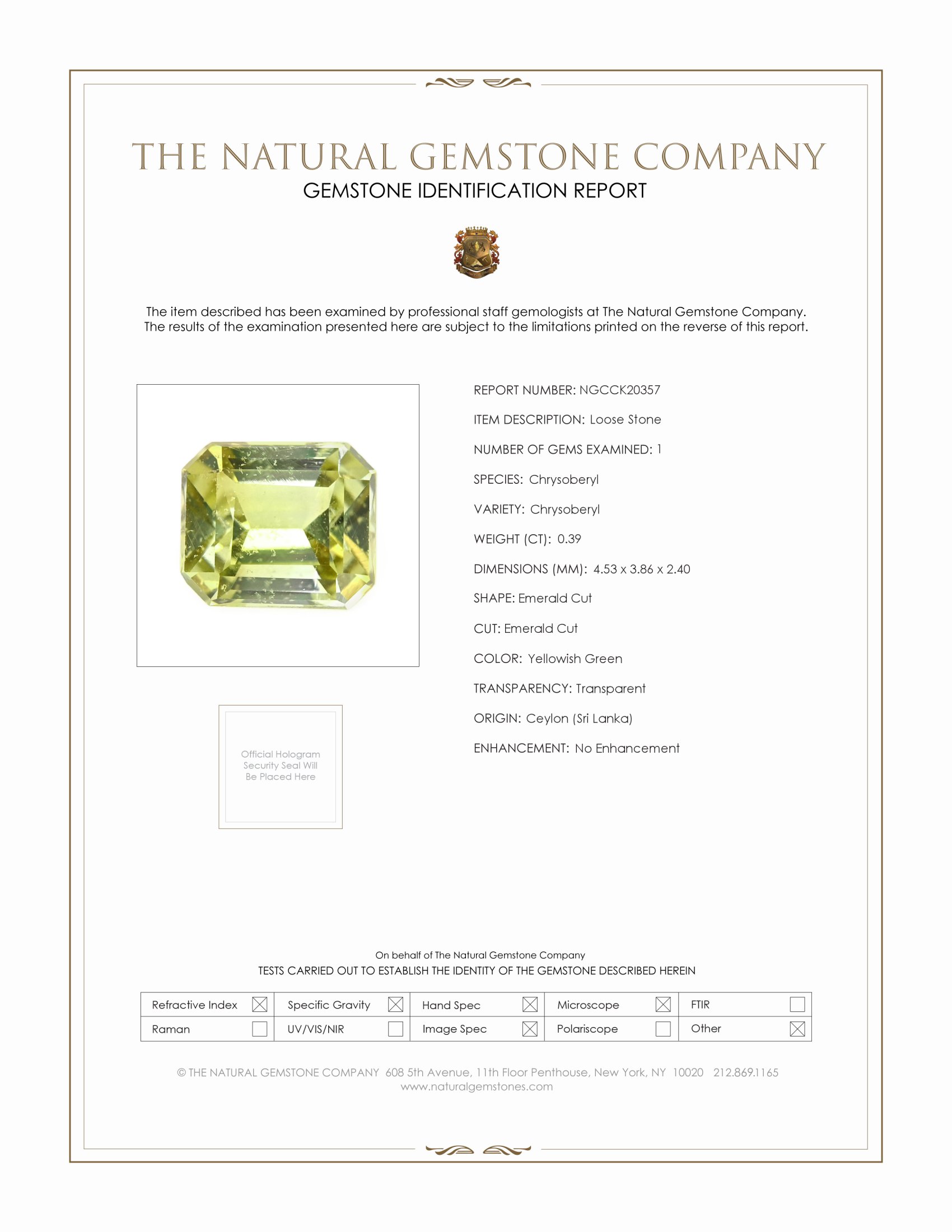 0.39 Ct. Chrysoberyl from Ceylon (Sri Lanka)