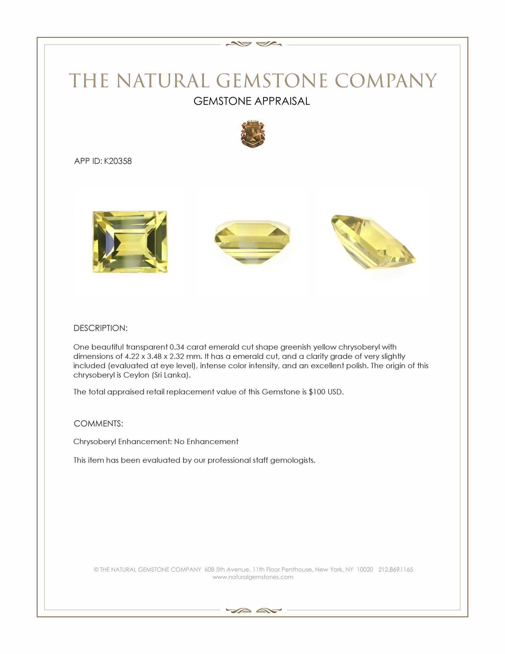 0.34 Ct. Greenish Yellow Chrysoberyl from Ceylon (Sri Lanka)