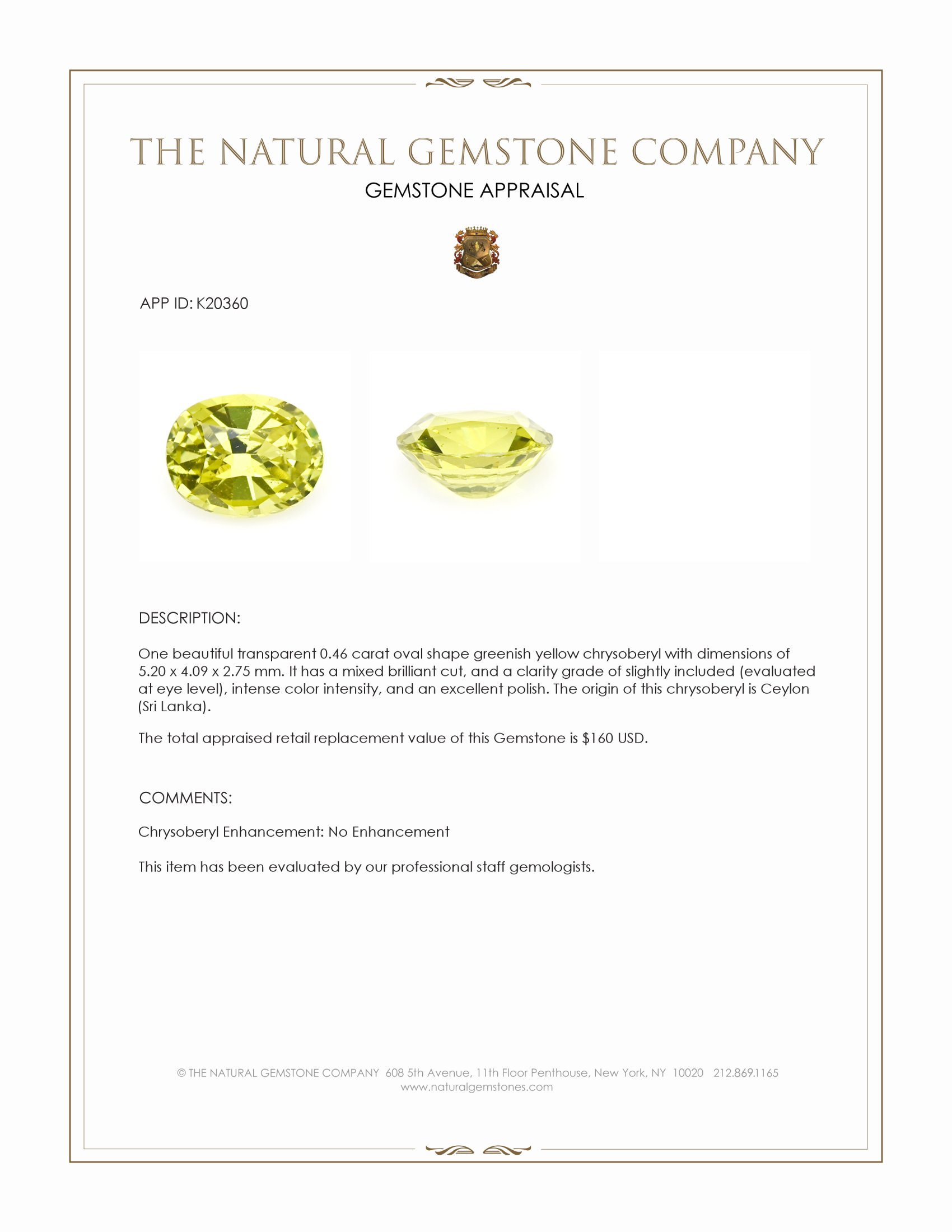 0.46 Ct. Chrysoberyl from Ceylon (Sri Lanka)