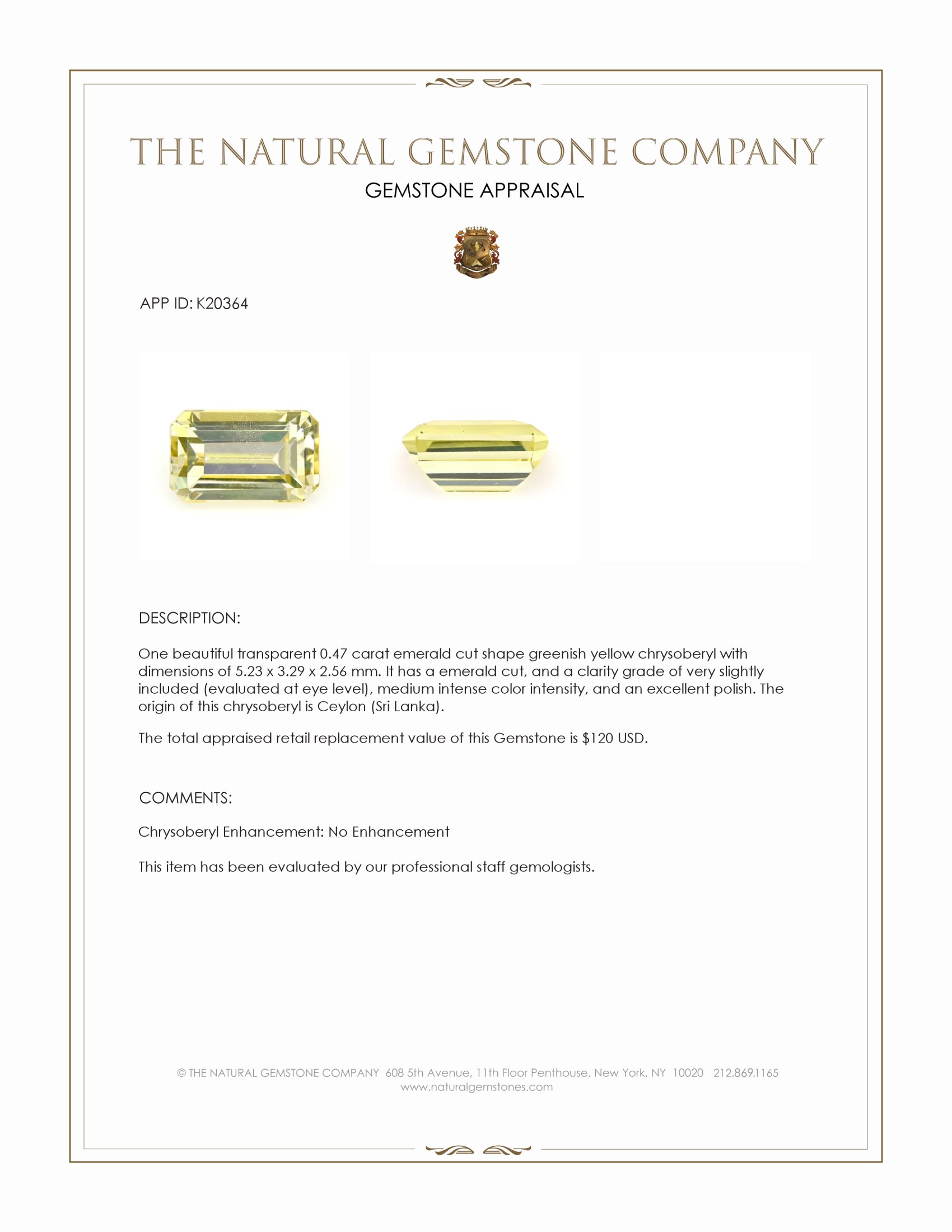 0.47 Ct. Chrysoberyl from Ceylon (Sri Lanka)