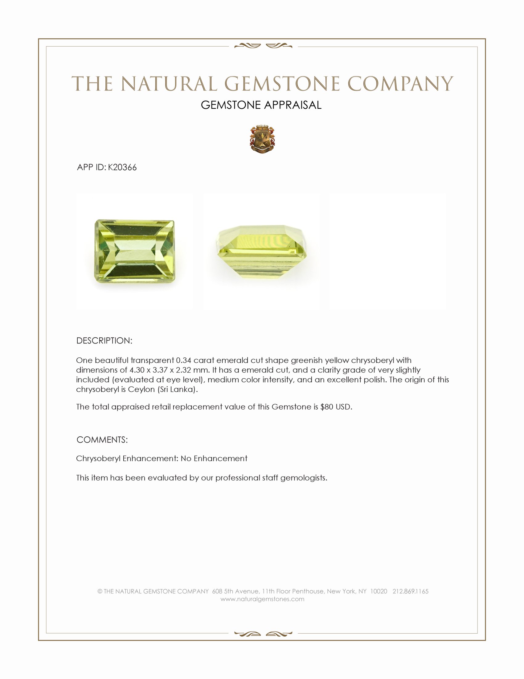 0.34 Ct. Greenish Yellow Chrysoberyl from Ceylon (Sri Lanka)
