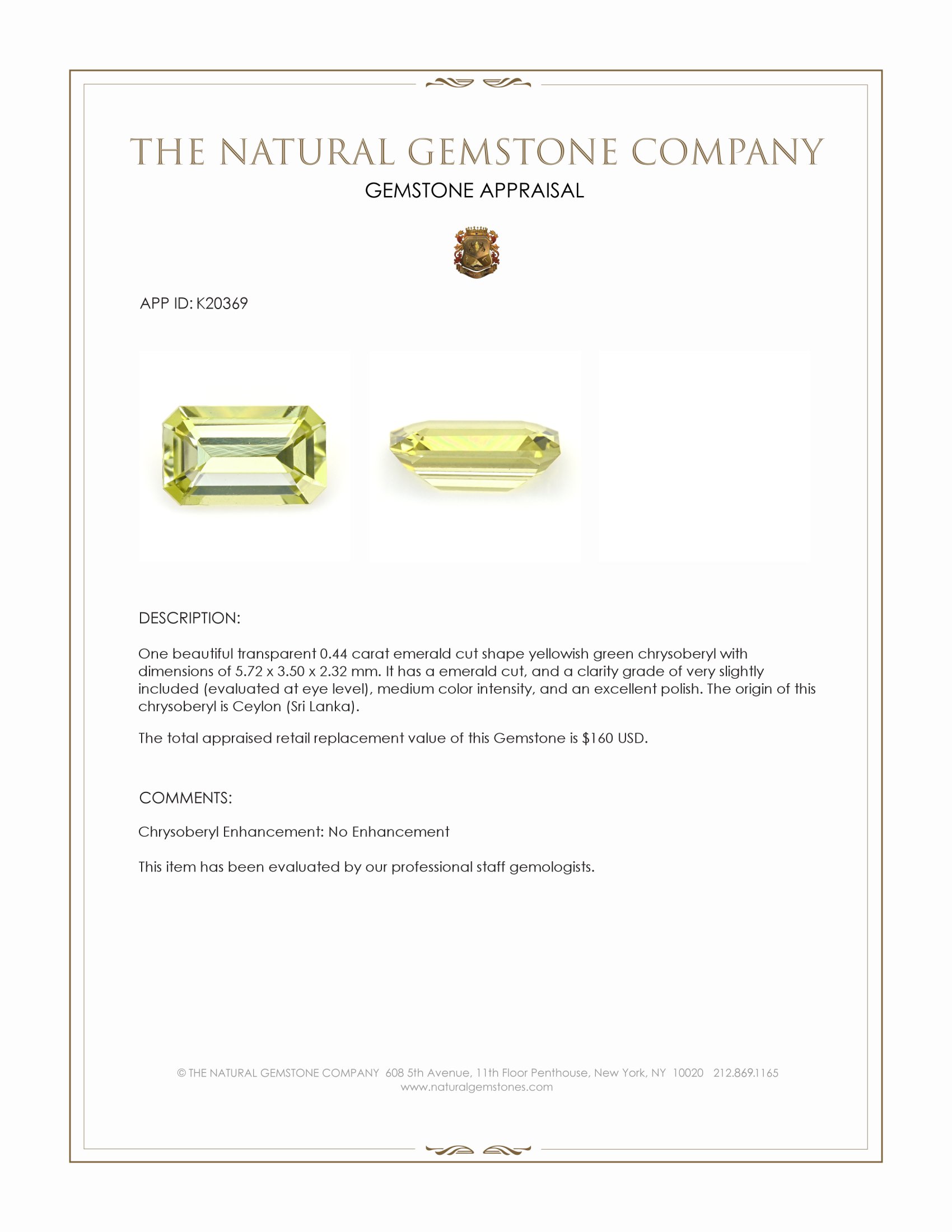 0.44 Ct. Chrysoberyl from Ceylon (Sri Lanka)