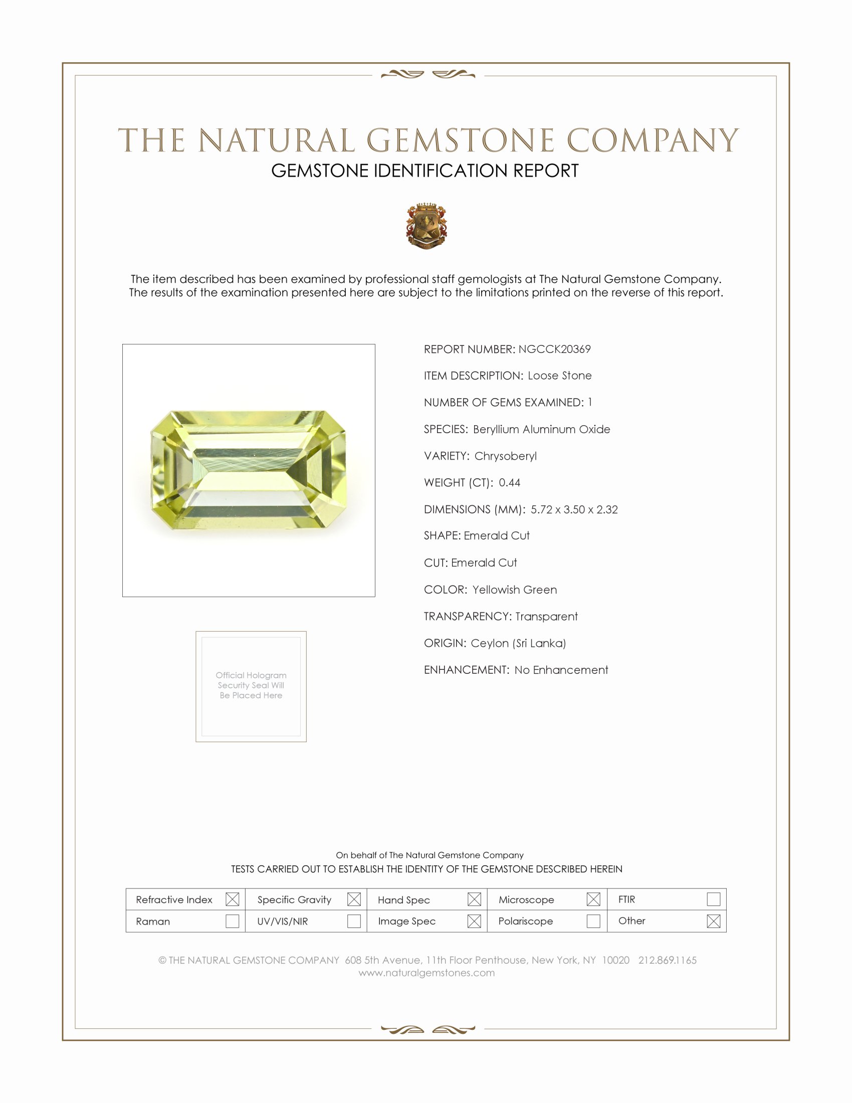0.44 Ct. Yellowish Green Chrysoberyl from Ceylon (Sri Lanka)