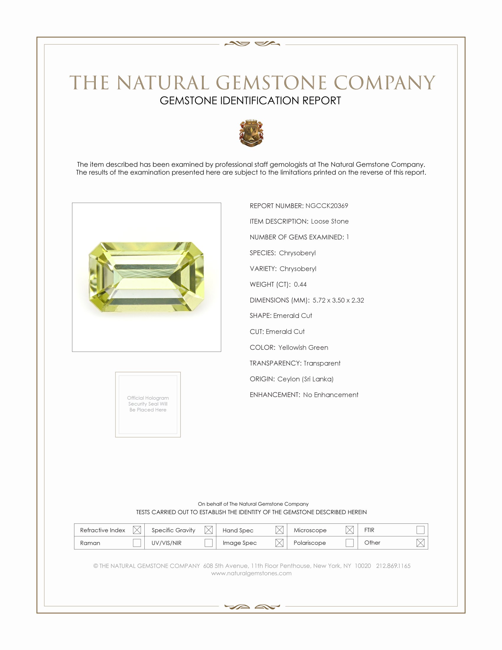 0.44 Ct. Chrysoberyl from Ceylon (Sri Lanka)