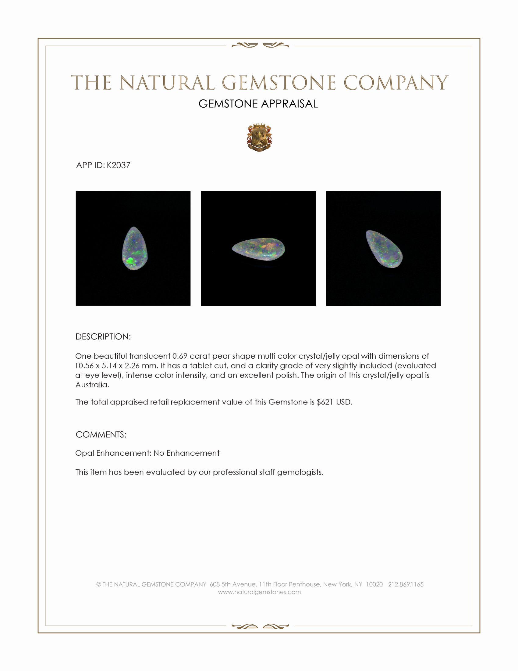 0.69 Ct. Crystal/Jelly Opal from Australia