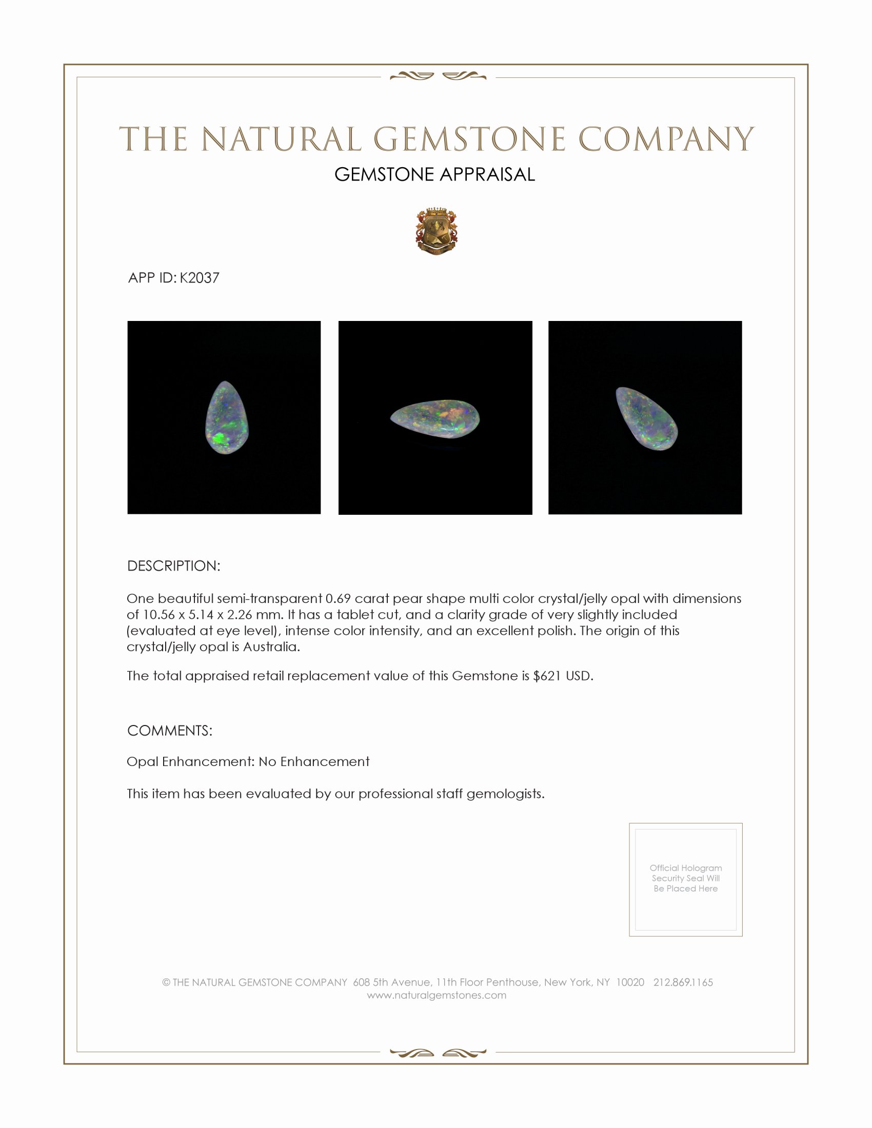 0.69 Ct. Crystal/Jelly Opal from Australia