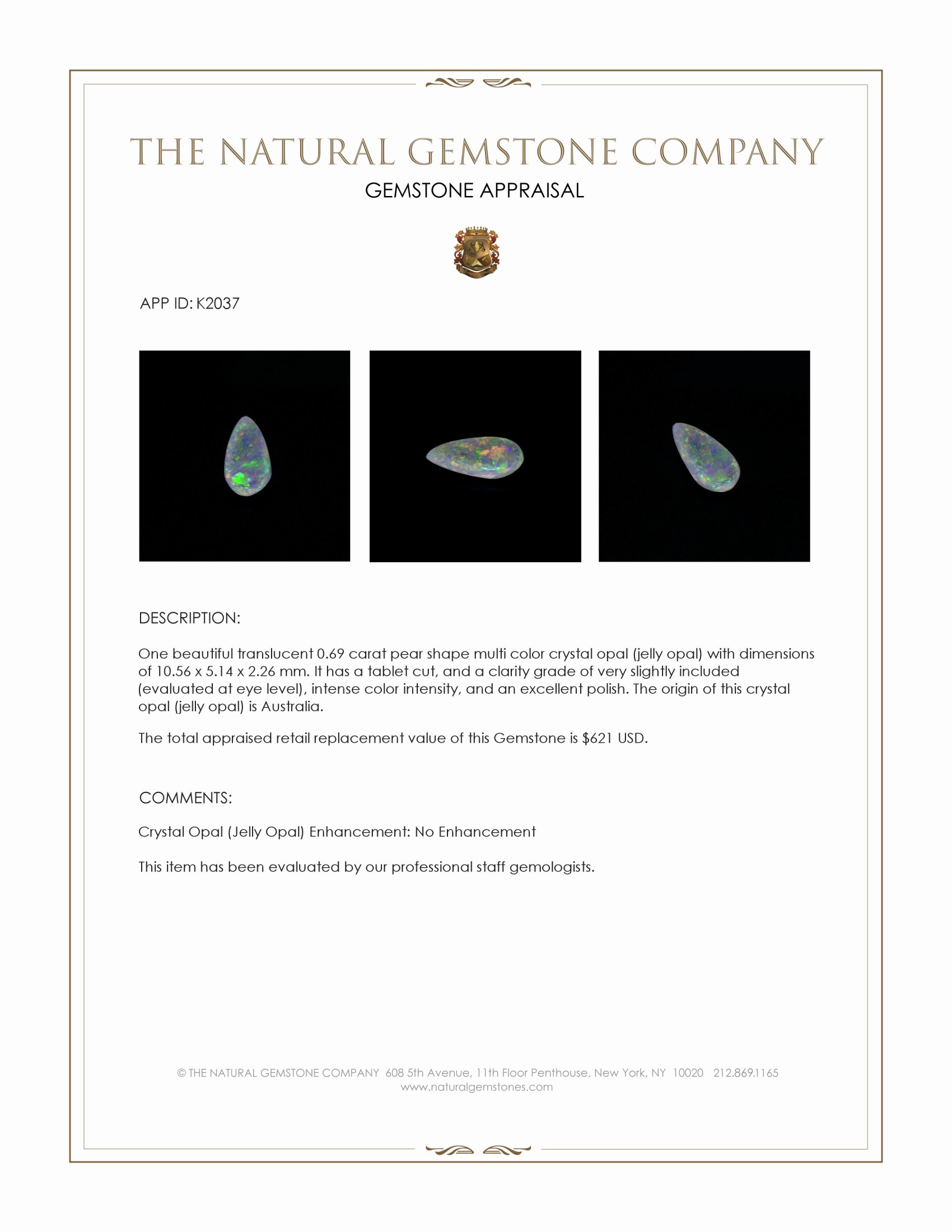 0.69 Ct. Multi Color Crystal Opal (Jelly Opal) from Australia