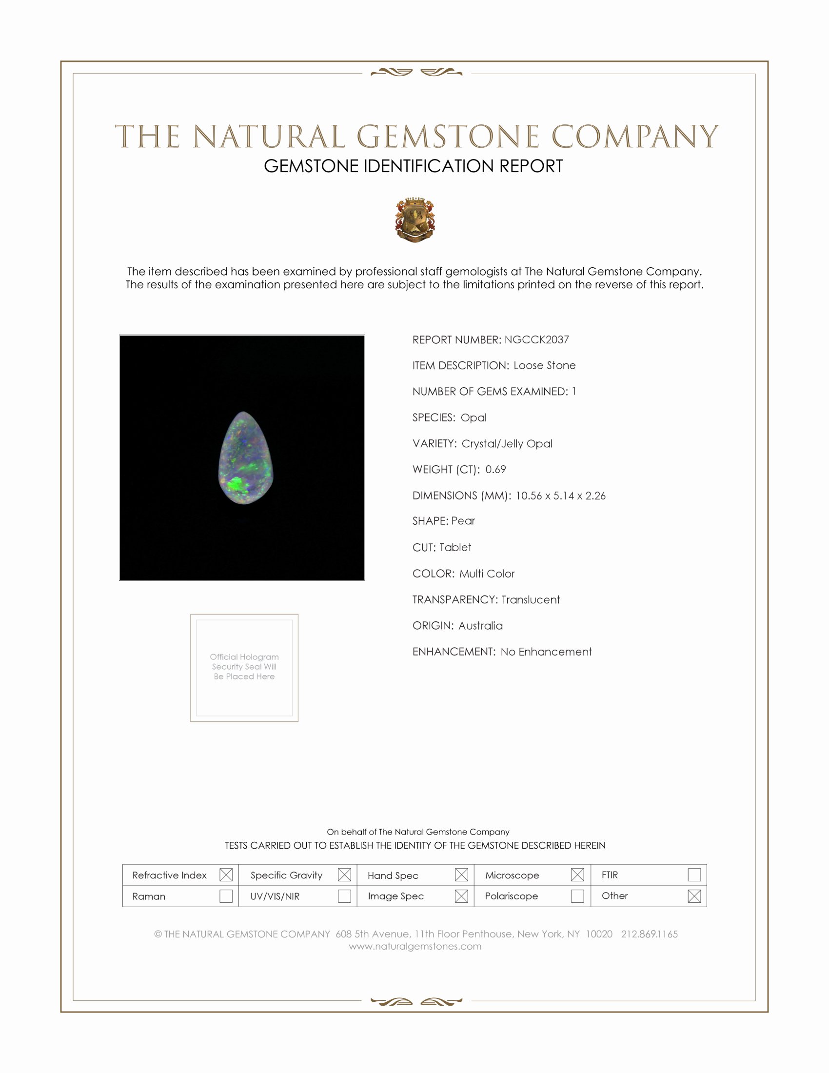 0.69 Ct. Multi Color Crystal Opal (Jelly Opal) from Australia