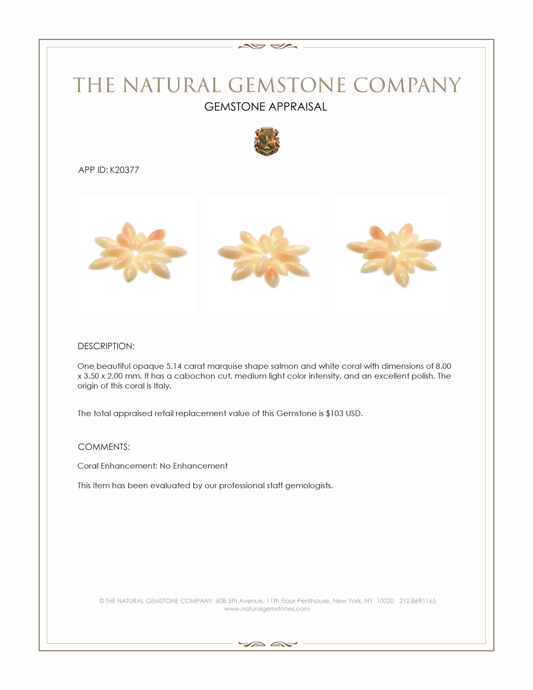 5.14 Ct. Cabochon Coral from Italy