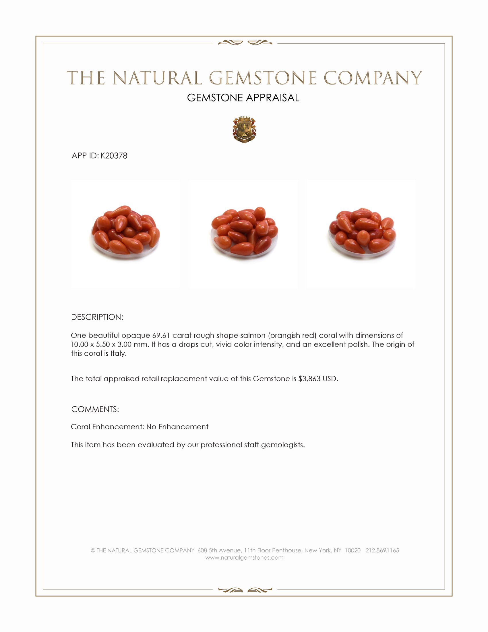 69.61 Ct. Salmon (Orangish Red) Coral from Italy
