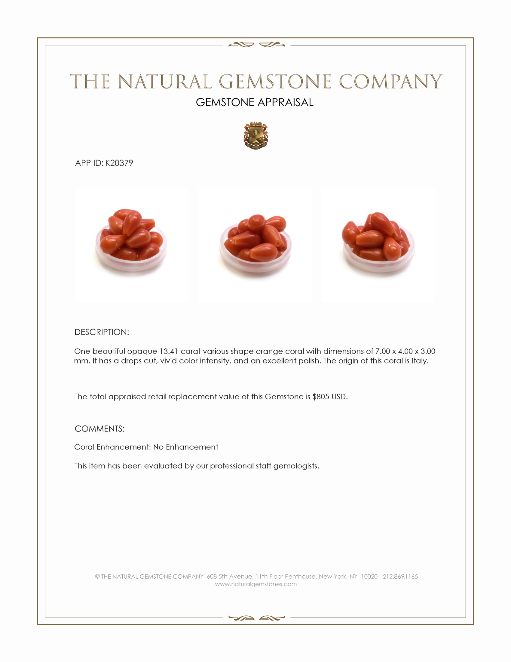 13.41 Ct. Salmon (Orange) Coral from Italy