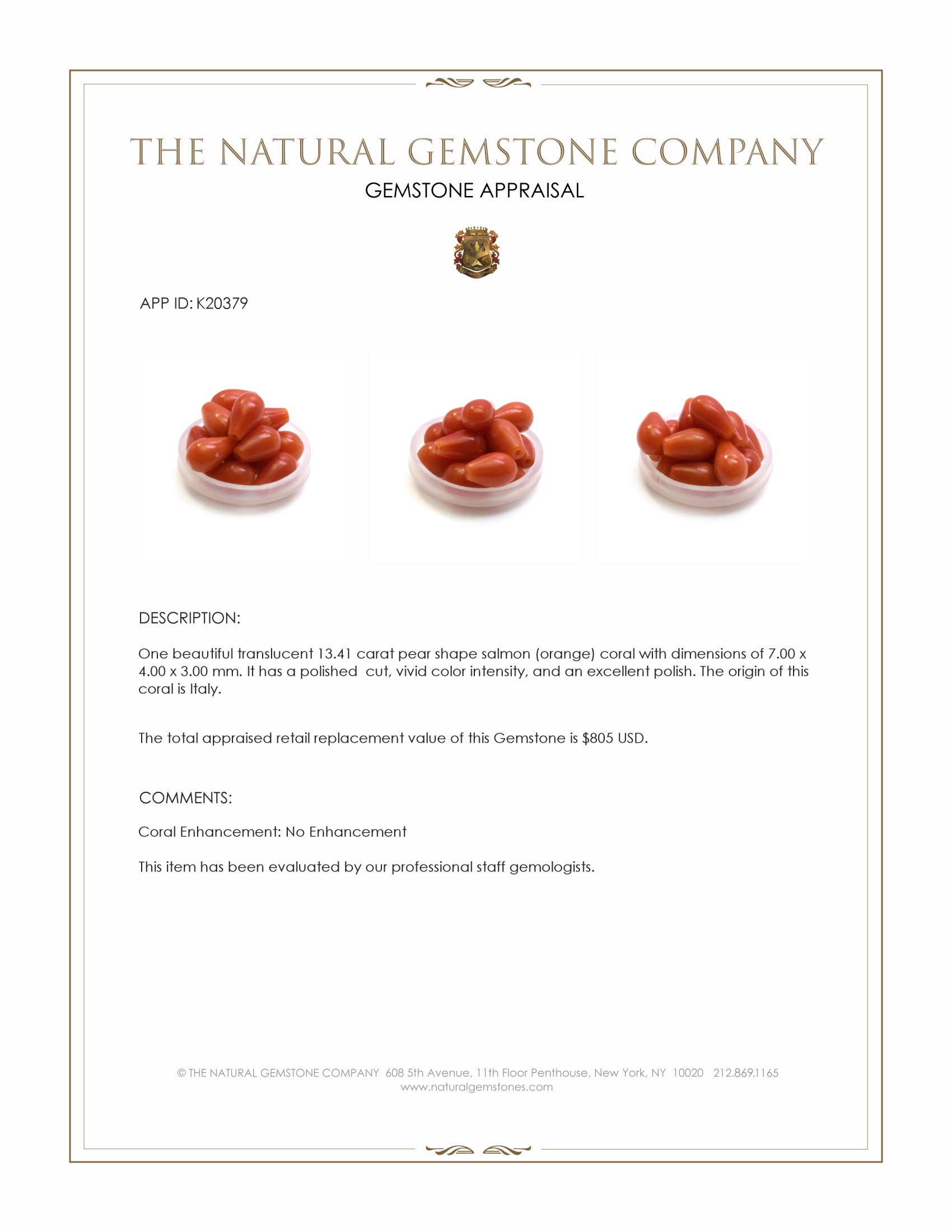 13.41 Ct. Salmon (Orange) Coral from Italy