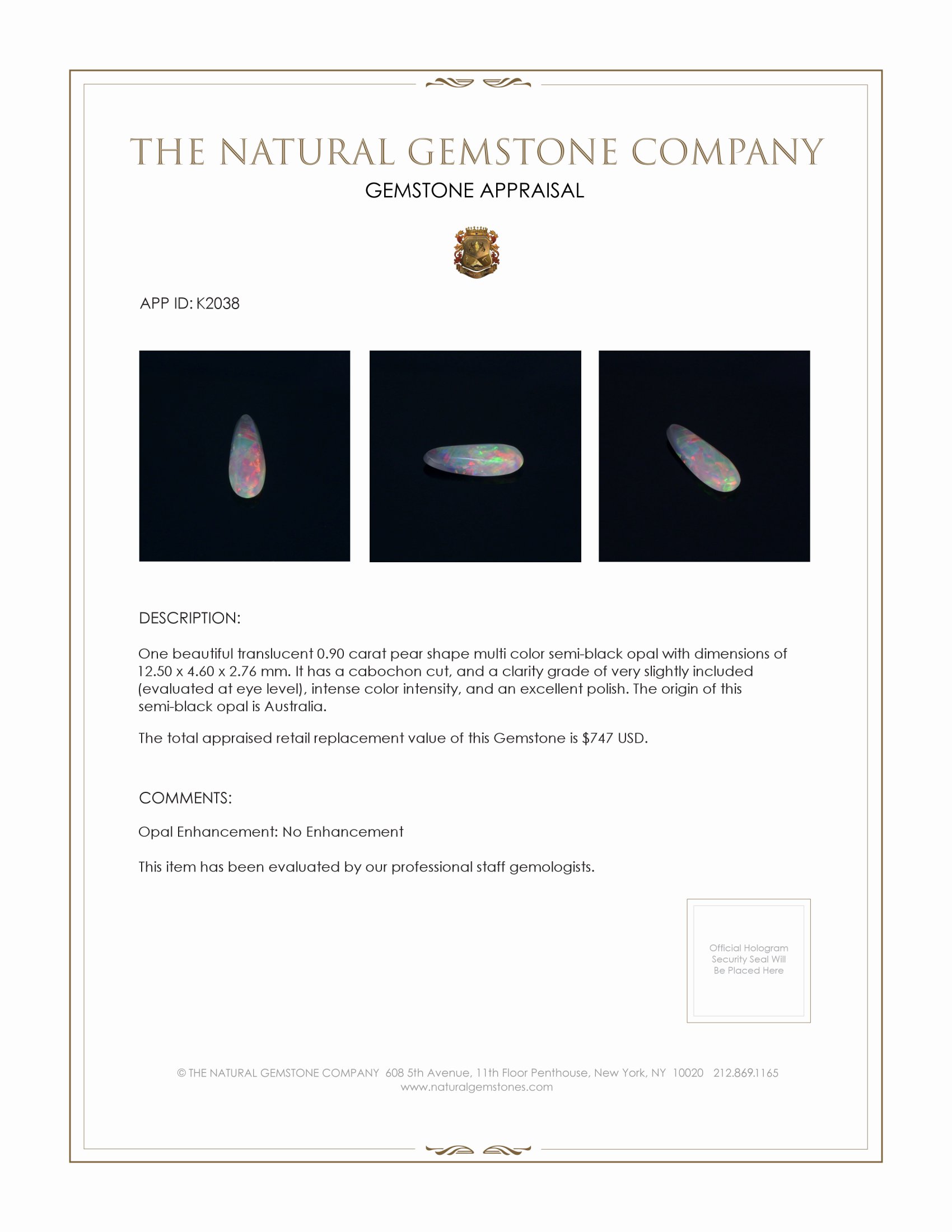 0.90 Ct. Cabochon Semi-Black Opal from Australia