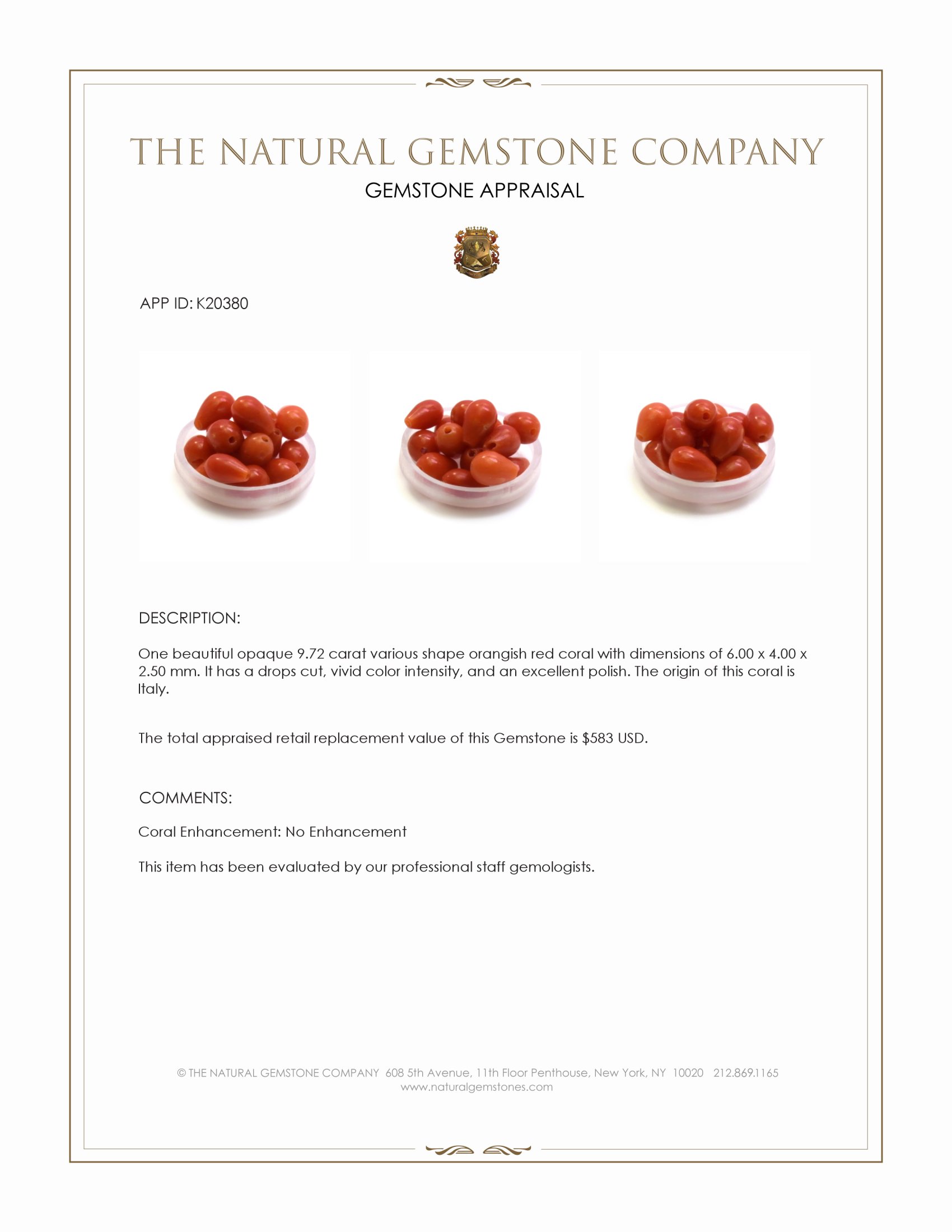 9.72 Ct. Salmon (Orangish Red) Coral from Italy