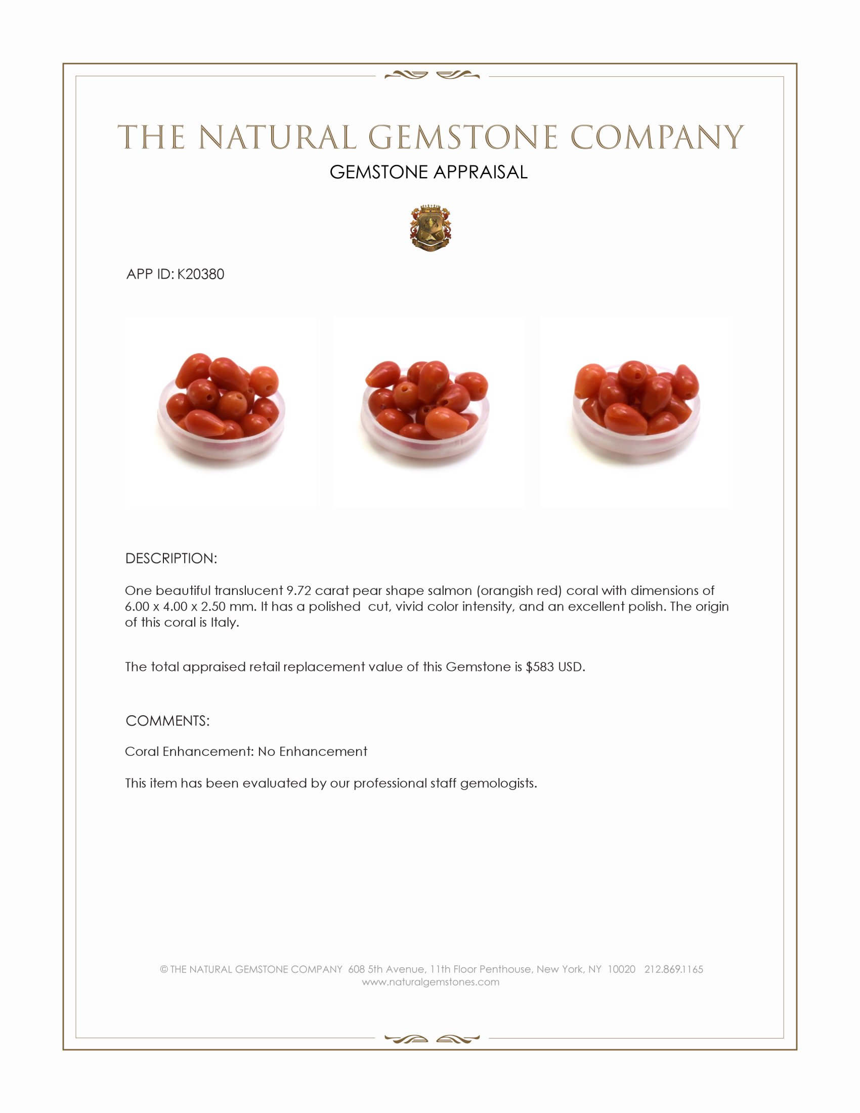 9.72 Ct. Salmon (Orangish Red) Coral from Italy