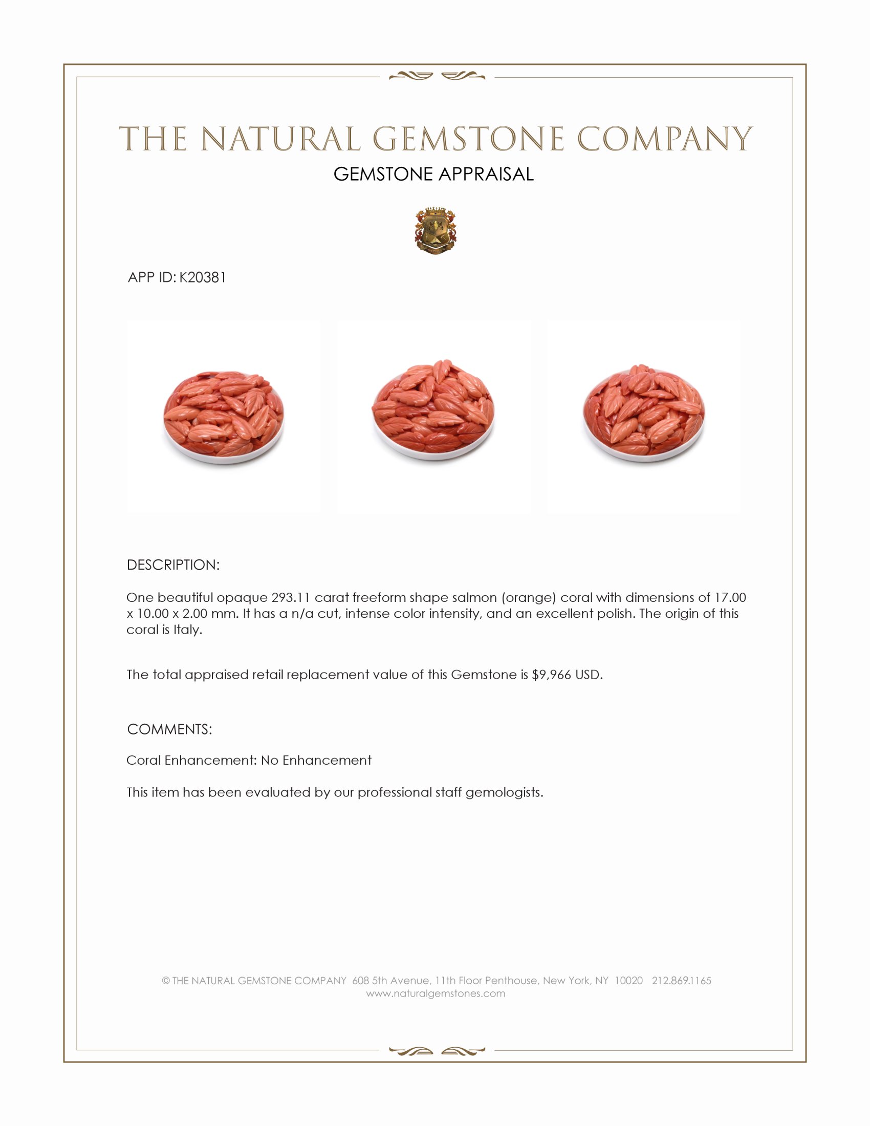 293.11 Ct. Salmon (Orange) Coral from Italy