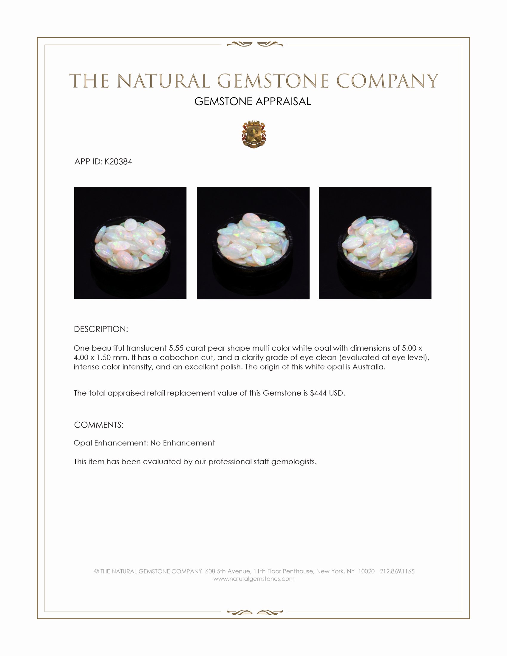 5.55 Ct. Multi Color Cabochon White Opal (Light Opal) from Australia