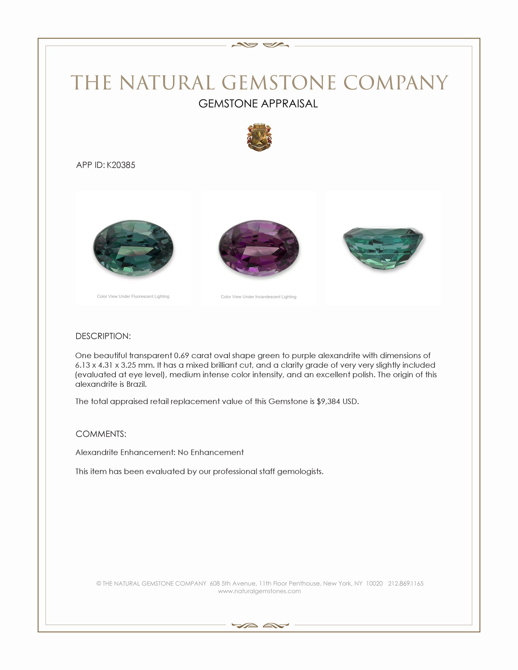 0.69 Ct. Alexandrite from Brazil