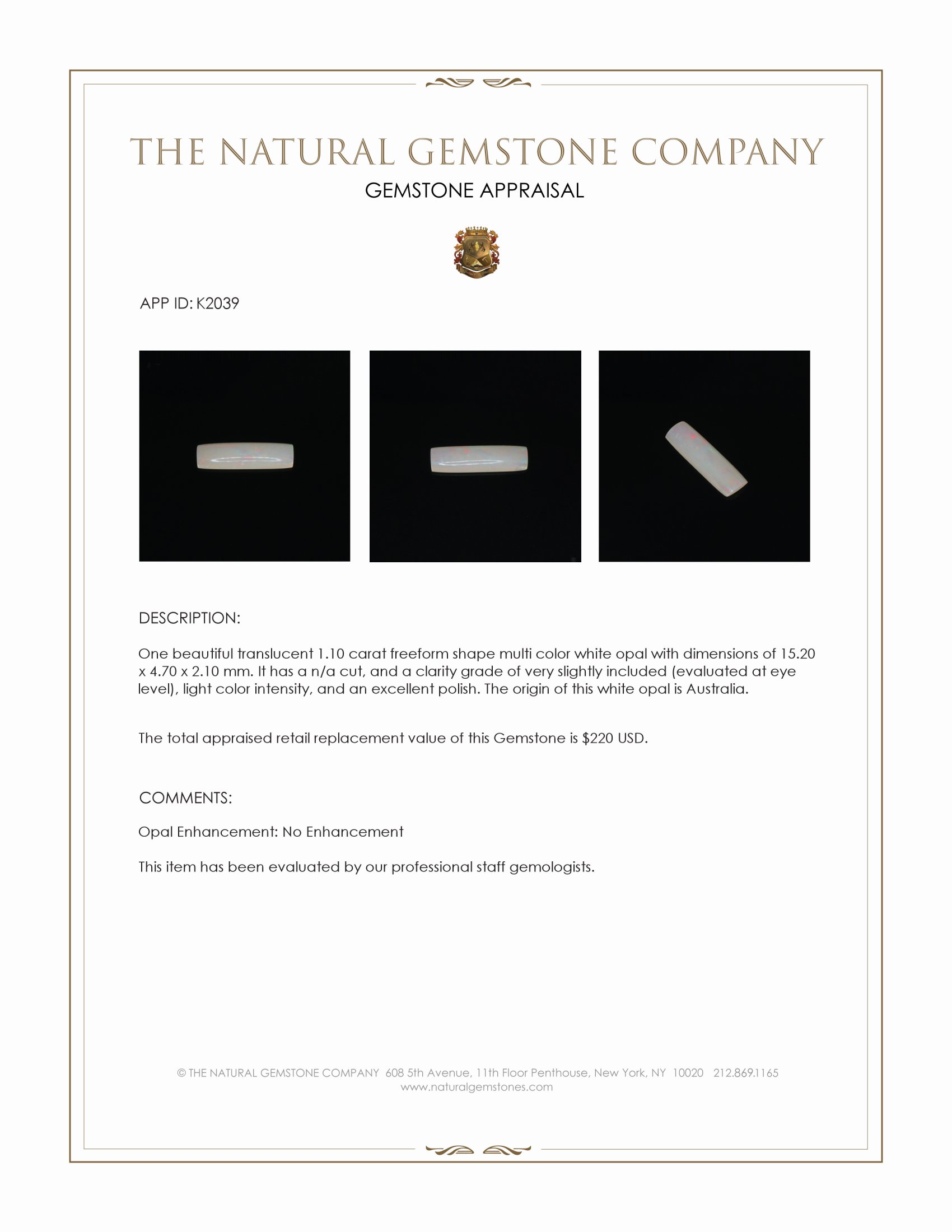 1.10 Ct. Cabochon White Opal from Australia