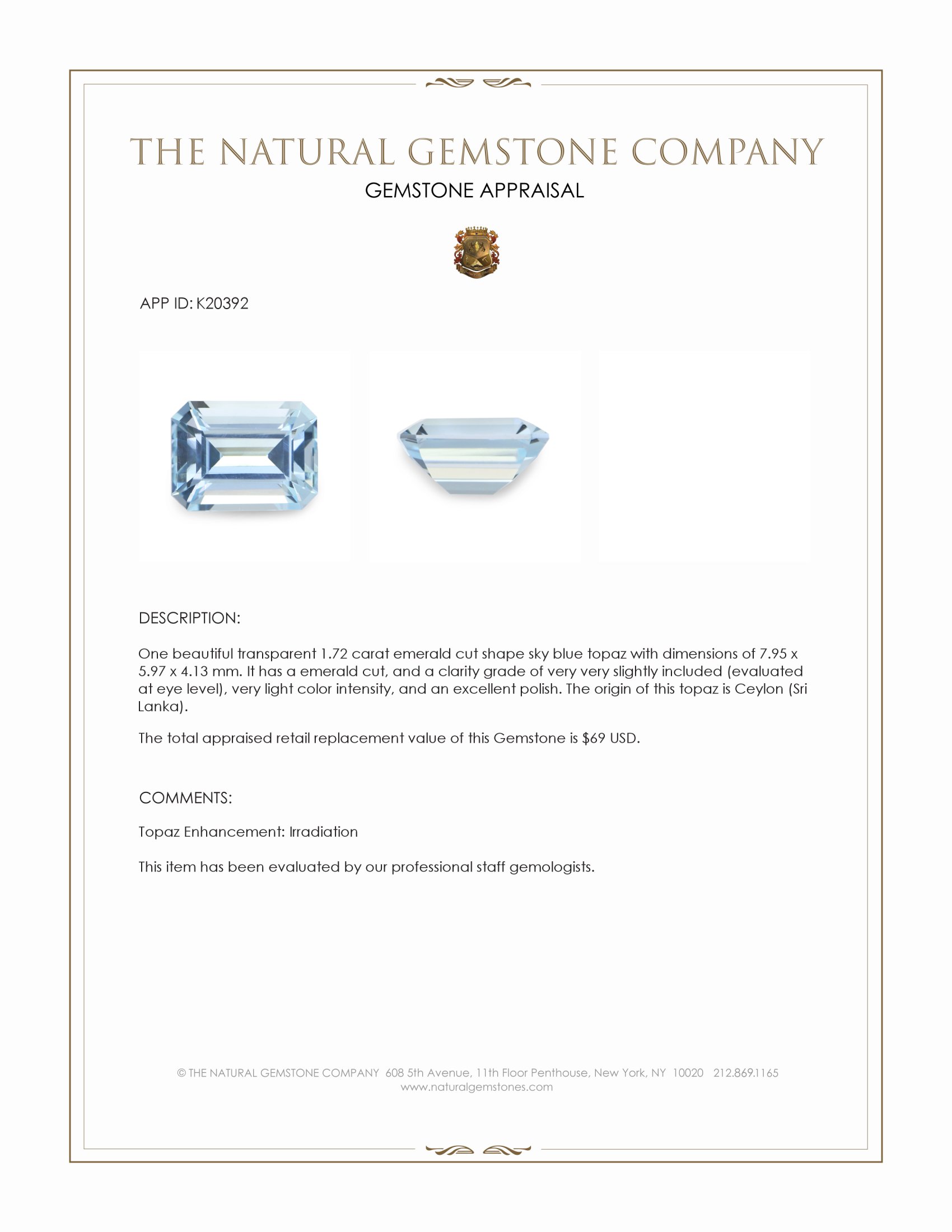1.72 Ct. Sky Blue Topaz from Ceylon (Sri Lanka)