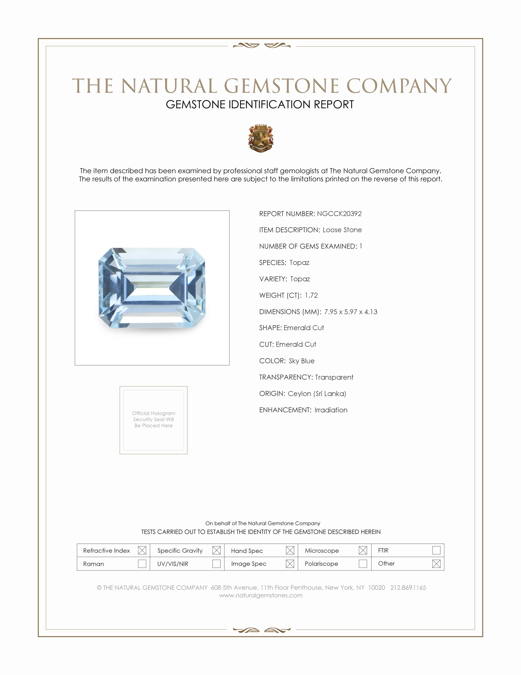 1.72 Ct. Sky Blue Topaz from Ceylon (Sri Lanka)